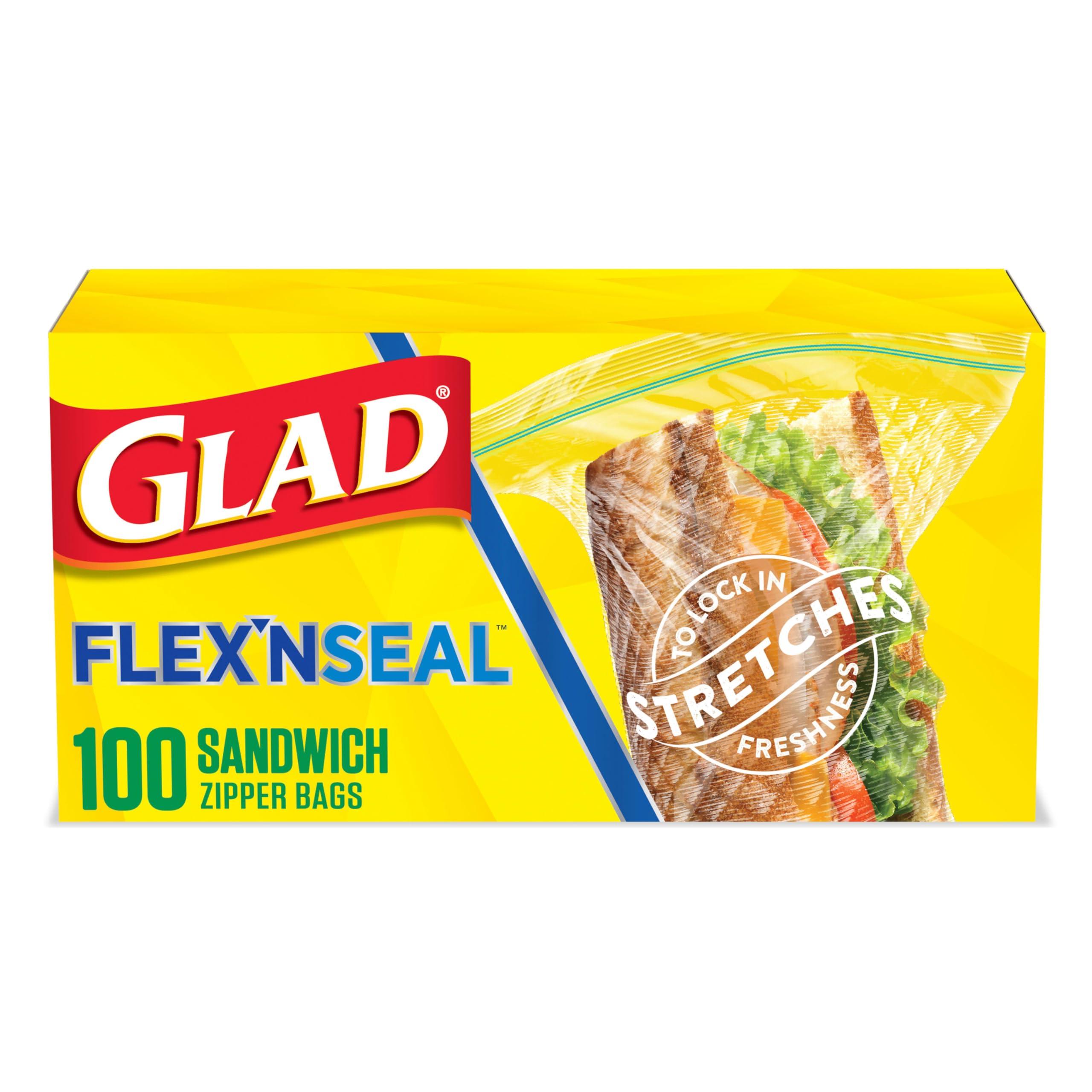 Glad Flex'N Seal Food Storage Plastic Bags, Sandwich, 100 Count, Pack of 4 (Package May Vary)