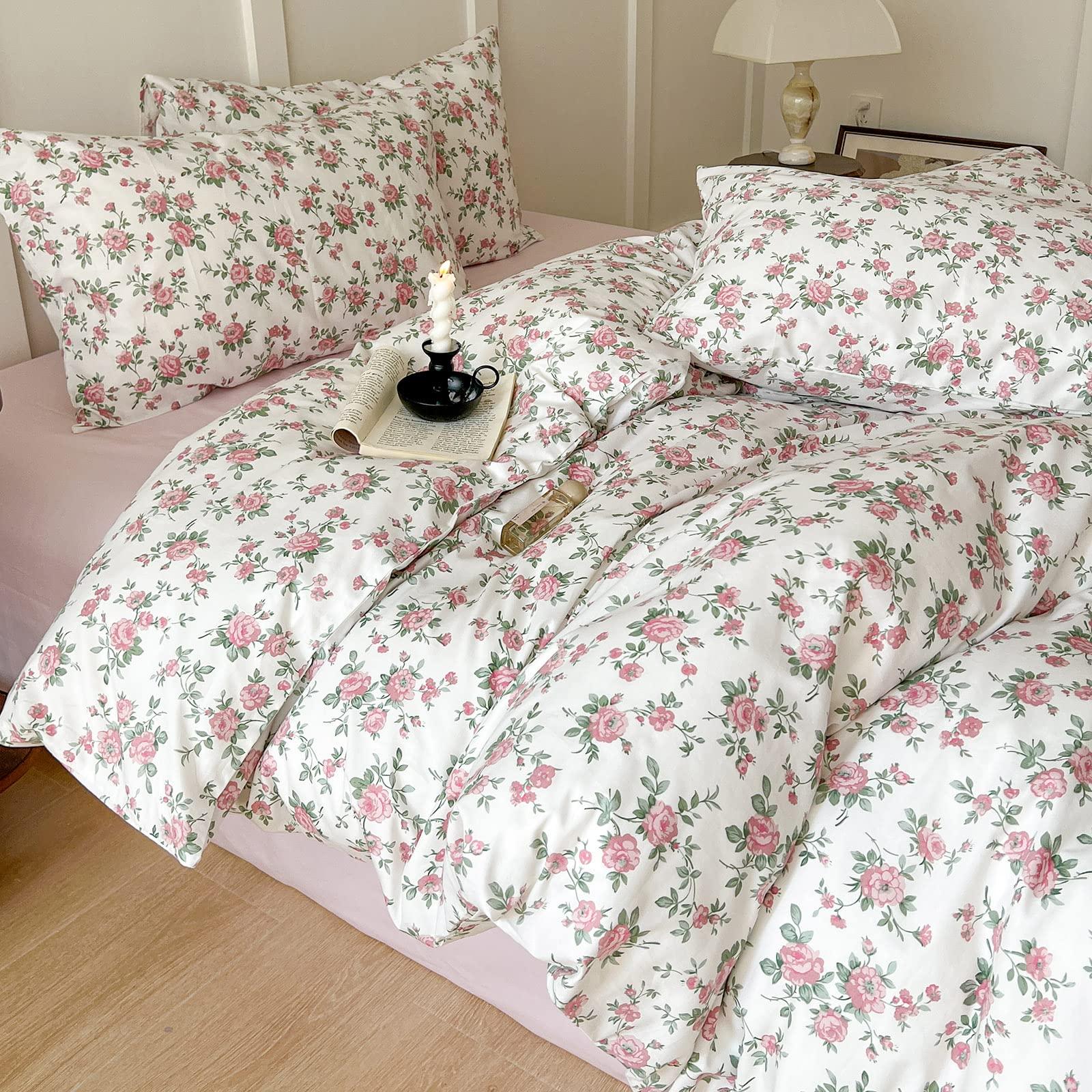 Pink Floral Duvet Cover Queen Soft Cotton Girls Cottagecore Bedding Set Botanical Peach Flower Comforter Cover with Zipper Closure Vintage Country Bedding Aesthetic Duvet Cover with 2 Pillowcases - Image 8