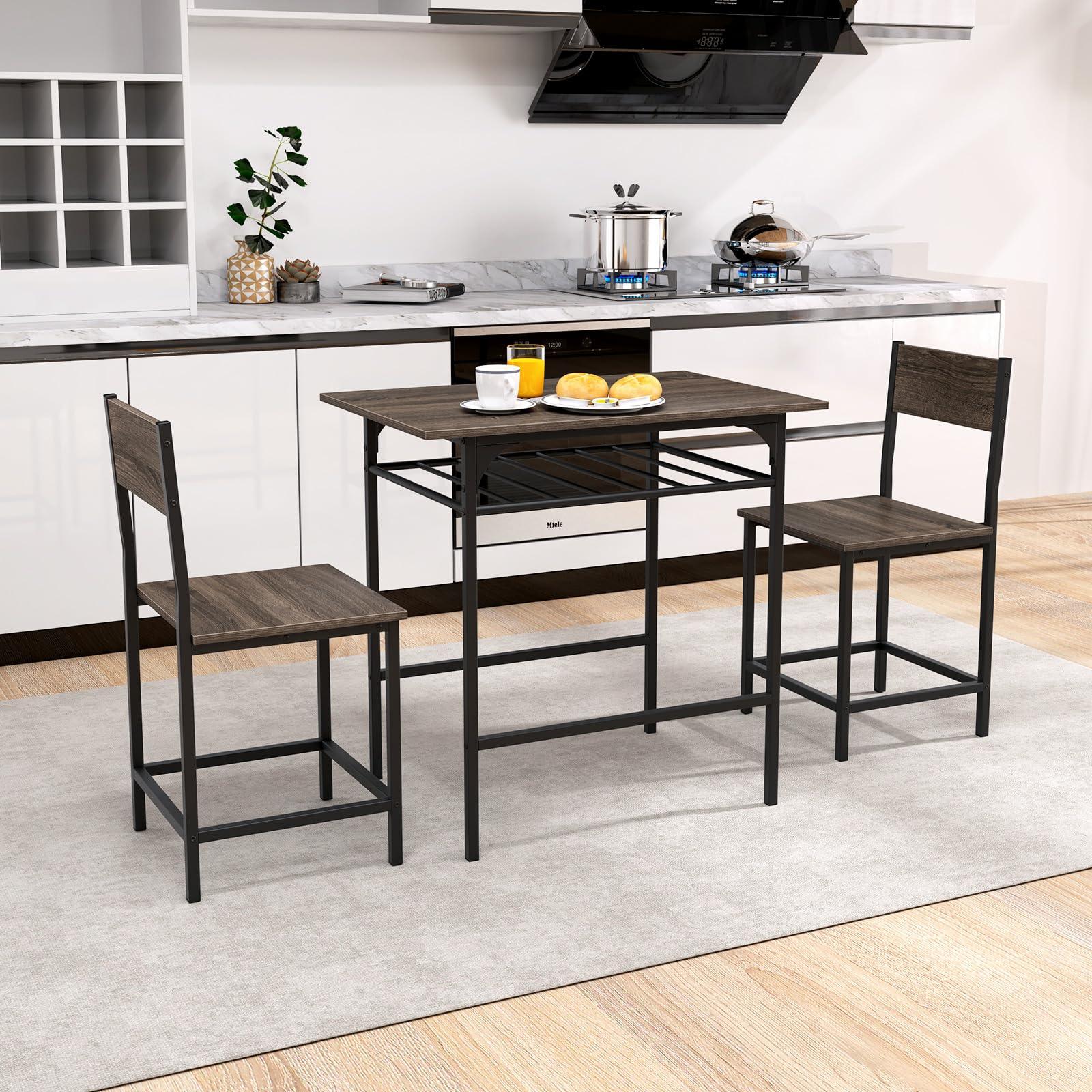 GOFLAME 3-Piece Dining Table Set for 2, Rectangular Wood Kitchen Table & Chair Set with Metal Frame, Storage Rack, Space-Saving Dinette Set for Breakfast Nook, Dining Room, Small Space, Grey - Image 8