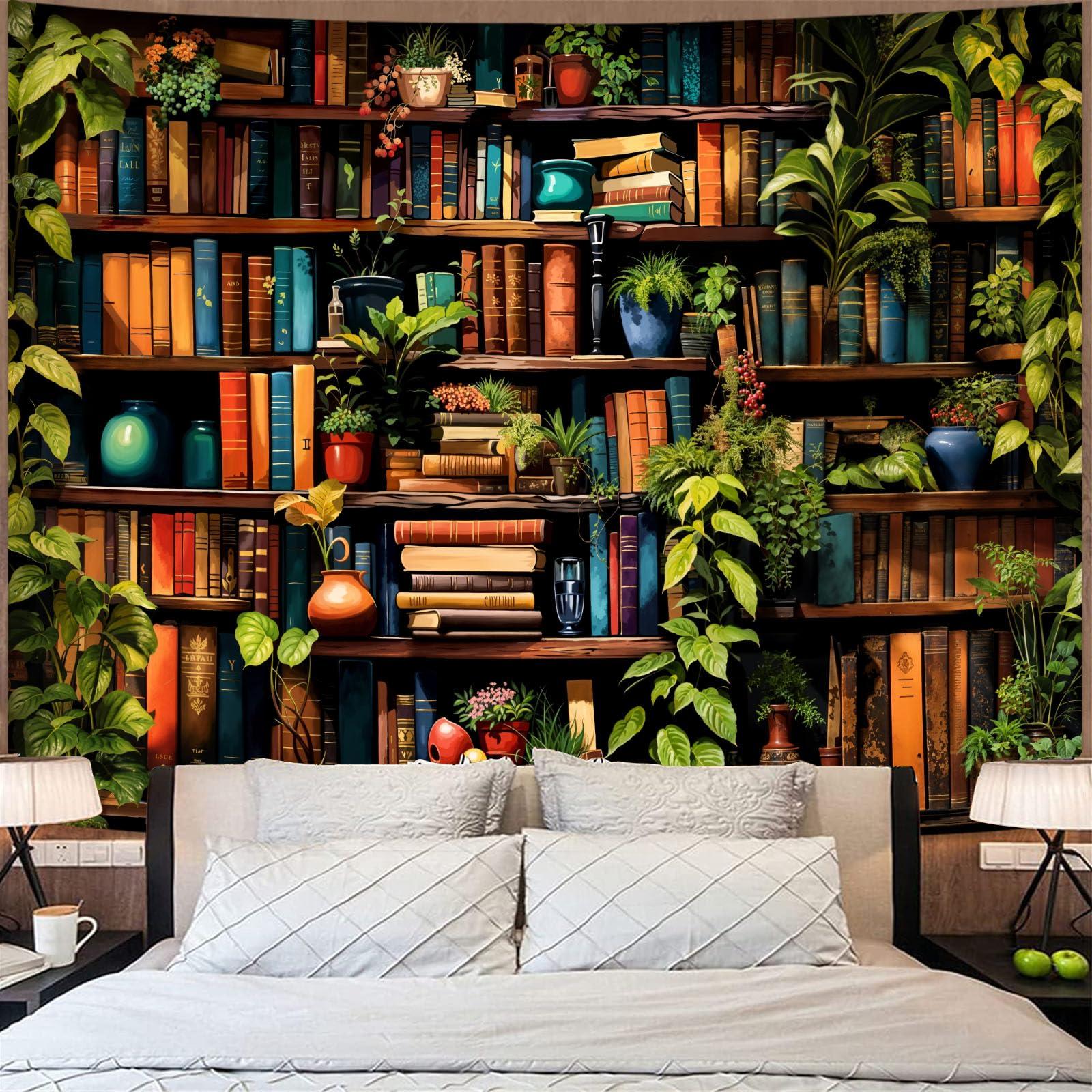 Accnicc Botanical Bookshelf Tapestry Lush Green Plant Book Shelf Tapestries Wall Hanging Art Vintage Retro Potted Plants Academics Library Book Tapestry for Bedroom Living Room Dorm 80 x 60 inch - Image 4