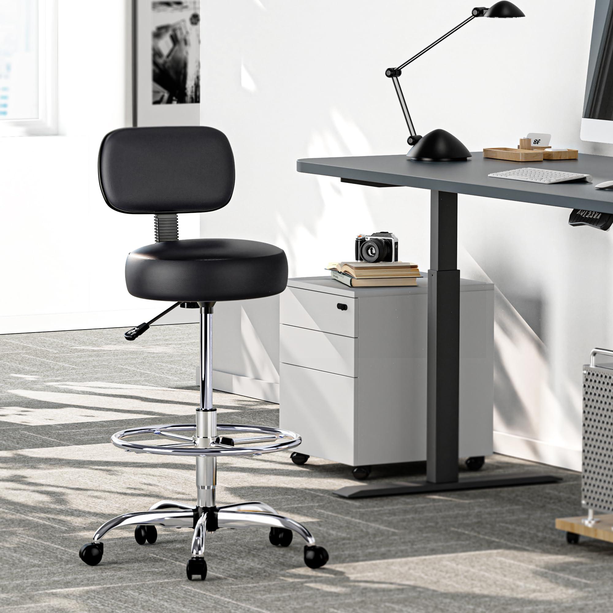 SUPERJARE Drafting Chair with Back, Adjustable Foot Rest Rolling Stool, Multi-Purpose Office Desk Chair, Thick Seat Cushion for Home Bar Kitchen Shop - Black - Image 2