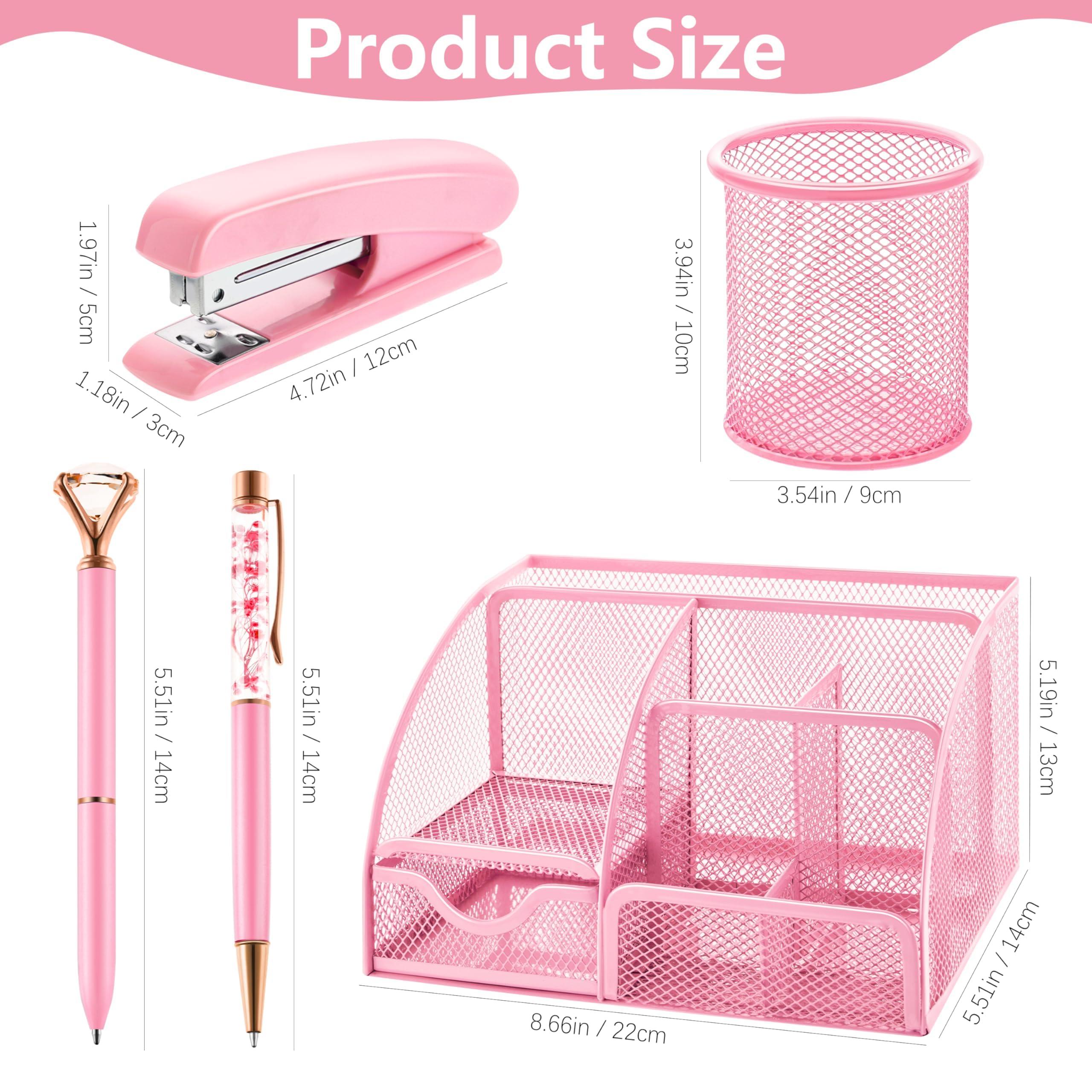 11 Pcs Pink Office Supplies Set Mesh Desk Organizer Accessories Kit Include Stapler Tape Dispenser Staple Remover Clips Ruler Scissors Sticky Notes for Office School Home Women (Pink) - Image 2