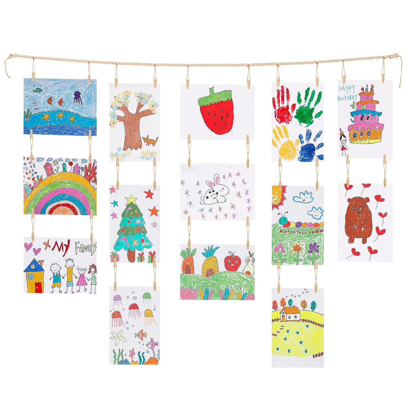 KLOGTSIND Kids Art Display Wall Decor, Wooden Beads Garland Frame Holder with 34 Clips for kids artwork, Photo, Wall Hanging Boho Room Bedroom Decor
