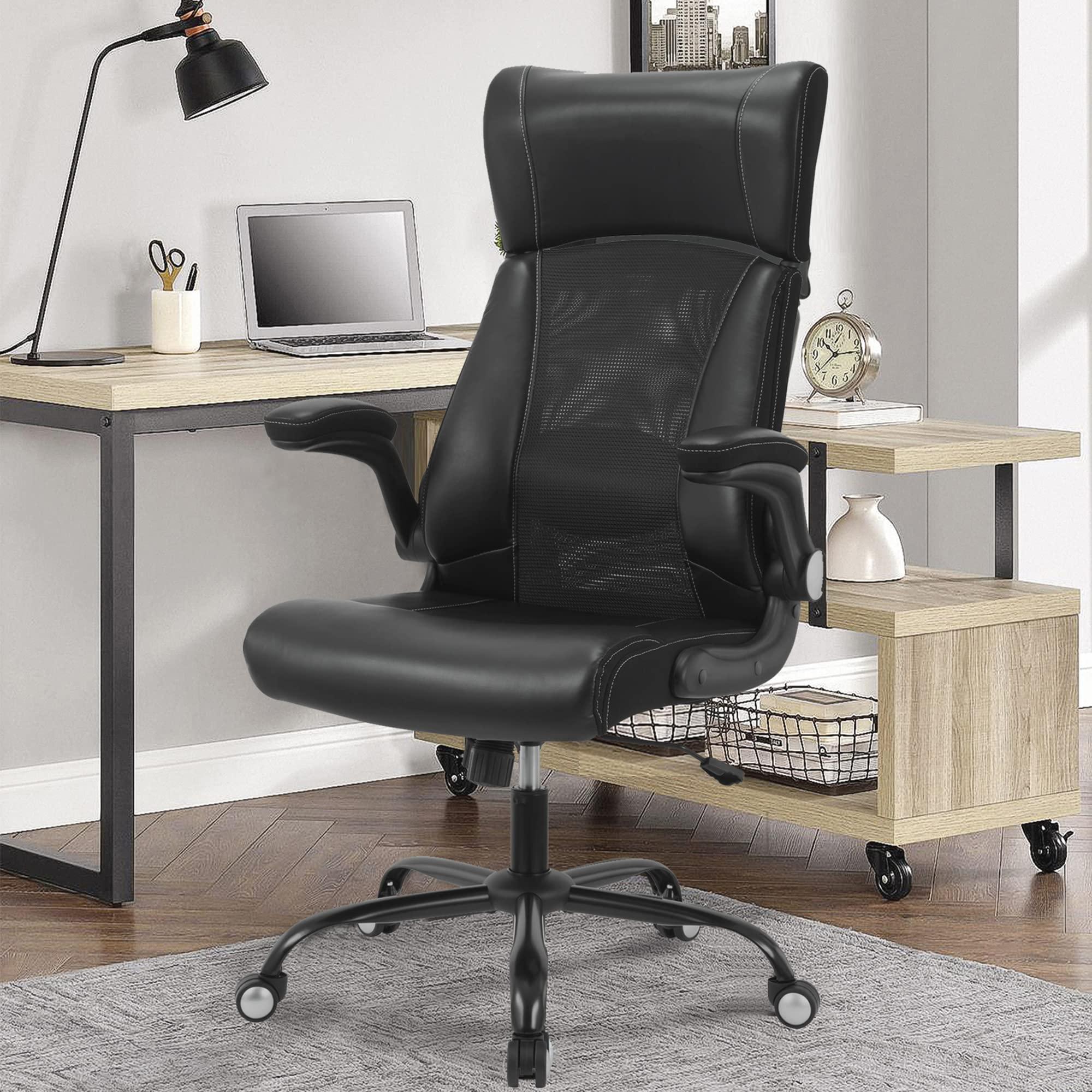 Ergonomic Office Chair, Home Desk Mesh Chair, High Back Leather Computer Chairs, Executive Chairs with Flip-Up Arm & Lumbar Support, Height Adjustable Rolling Swivel Chair (Black)