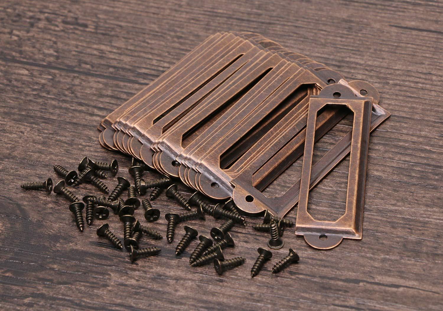 ONLYKXY 20Pcs Antique Brass Metal Drawer Door Lab Tag Label Pull Frame Handle File Name Card Holder for Furniture Cabinet Hardware Box Case Bin 17x60mm (Red Copper) - Image 5