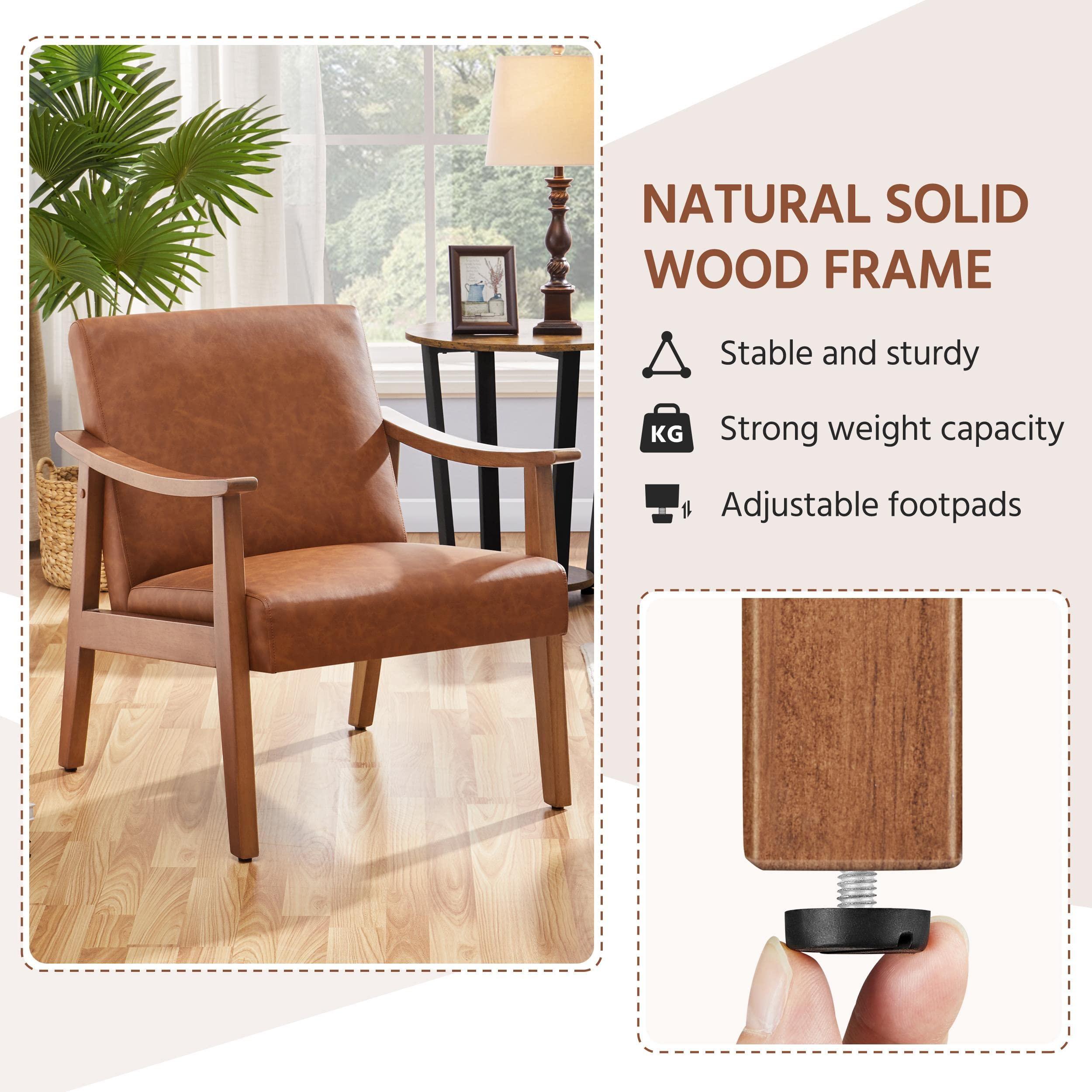 Yaheetech PU Leather Accent Chair, Mid-Century Modern Armchair with Solid Wood Legs, Reading Leisure Chair for Living Room Bedroom Waiting Room, Light Brown, Set of 2 - Image 7