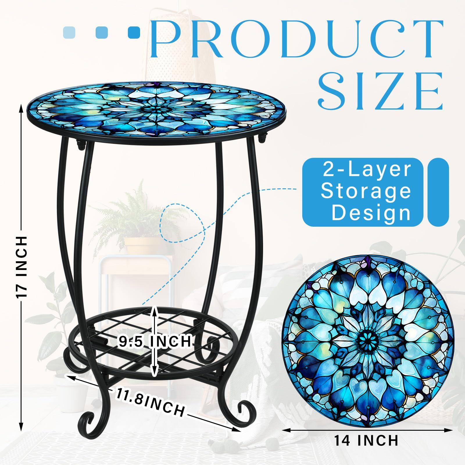 Cinnvoice Outdoor Side Table Round Small Mosaic Patio Accent Indoor End Plant Metal Coffee Tea Table for Yard Porch Garden Patio Living Room, Bedroom(Mandala Flower Style,14 Inch) - Image 3