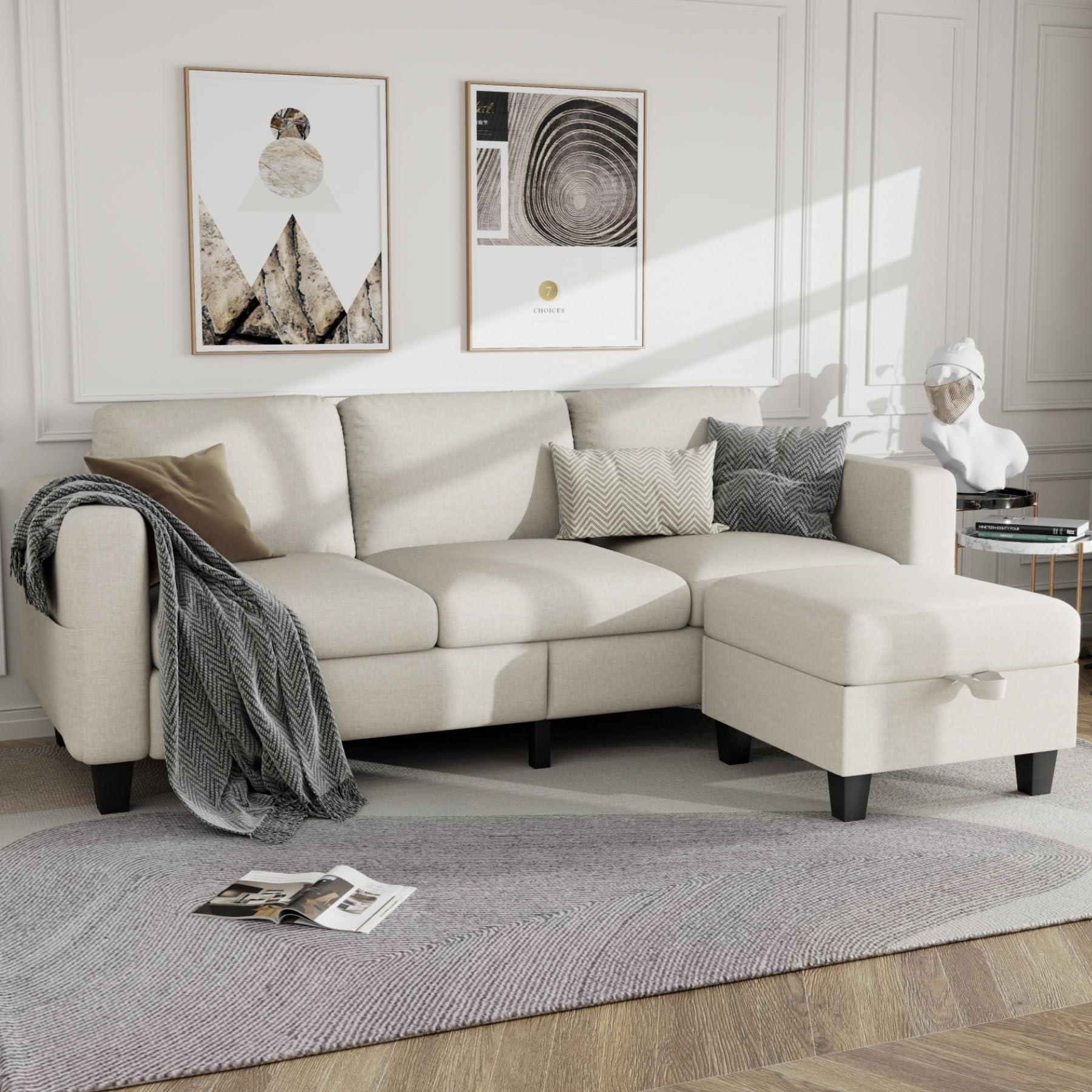 Clotius Sectional Sofa Couches for Living Room - L Shaped Cloud Couch-Small Modular 3 Seat-Comfy Linen with Storage Deep Seat Sofa,Washable Covers-Suitable for Living Room-Apartment-Office-Beige