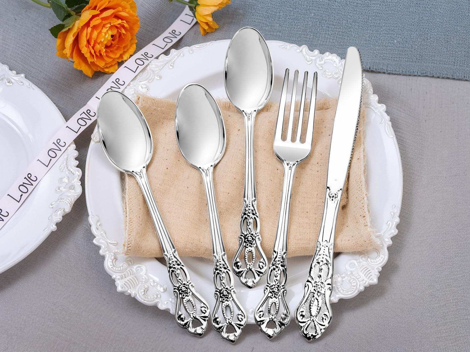 Joyido 90PCS Silver Plastic Silverware - Heavy Duty Silver Disposable Cutley - Fancy Plastic Utensils Flatware Include 30 Forks, 30 Spoons, 30 Knives for Catering, Parties, Dinners, Weddings - Image 9