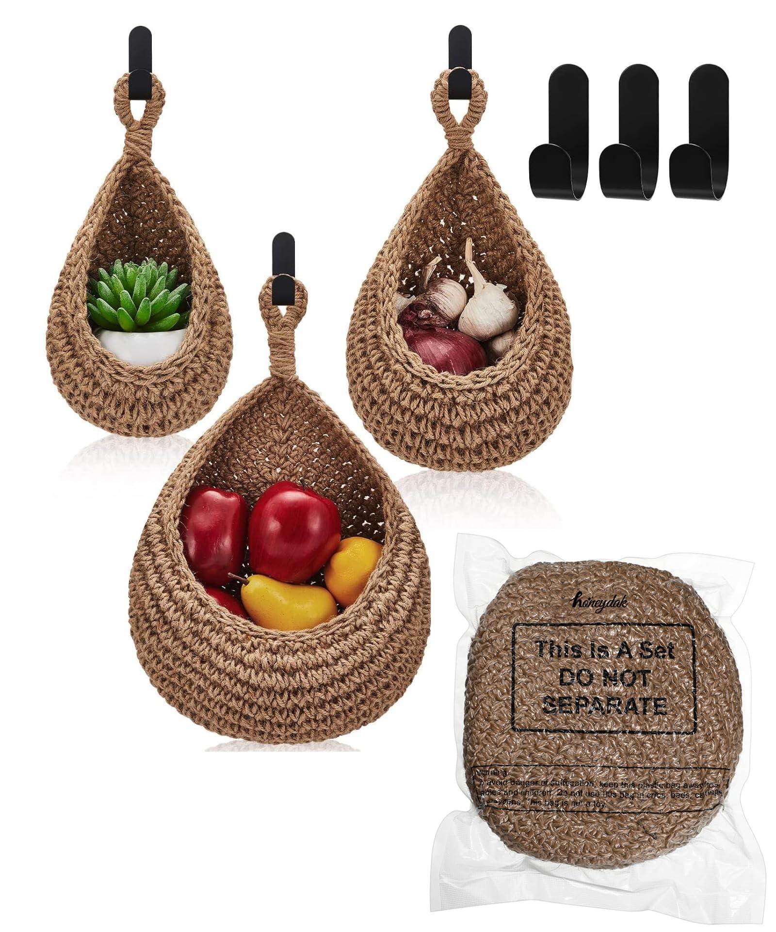 Honeydak Hanging Wall Basket Teardrop Hanging Baskets Onion Basket Coat Bohemian Storage Fruit Wall Hooks for Kitchen Wall Home Restaurant Storage Vegetable, 3 Sizes(Linen) - Image 7