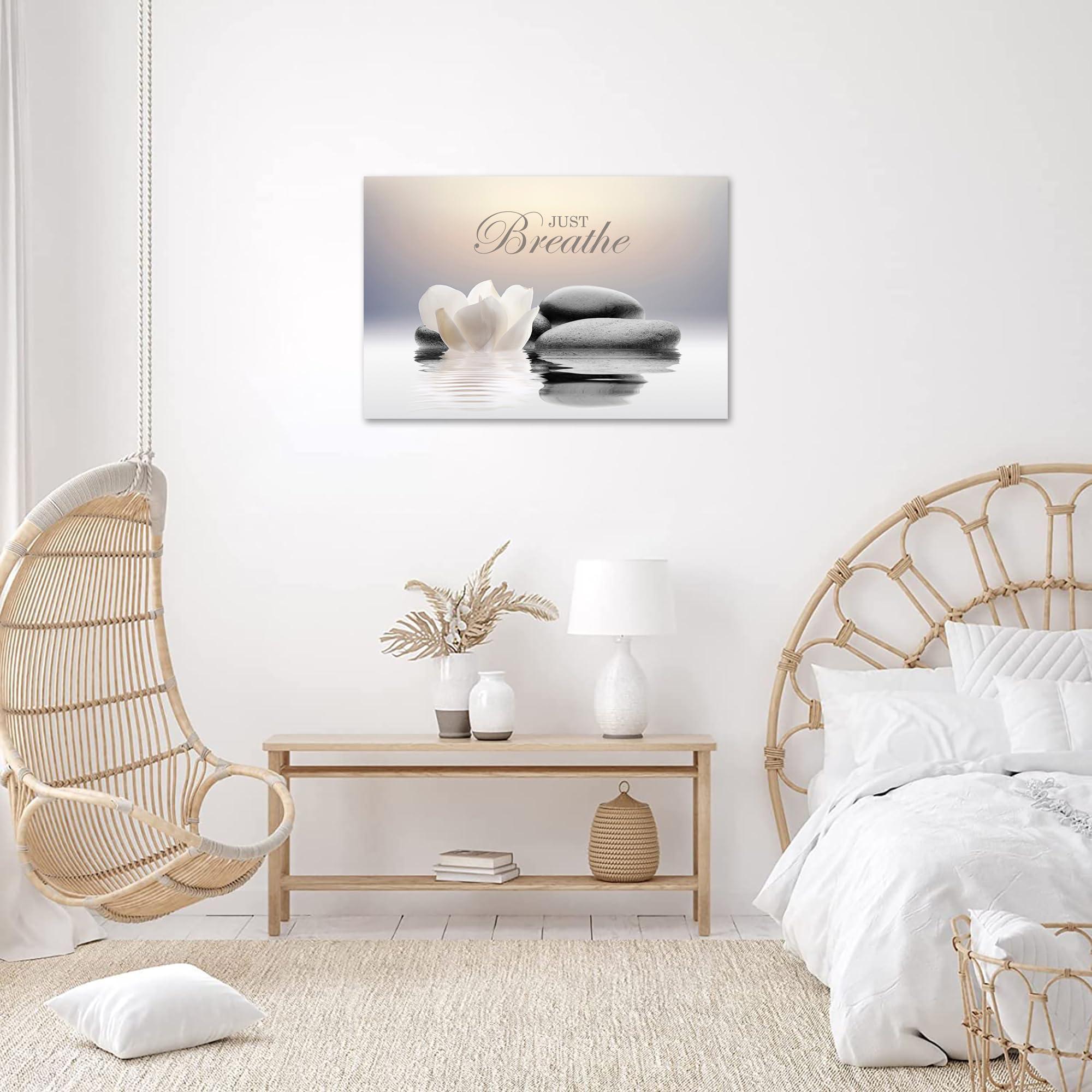 Zen Stone Canvas Wall Art Just Breathe Yoga Quotes Poster for Spa Decor White Lotus Flower Pictures Prints for Bathroom Modern Spiritual Artwork Framed (12 x 16inches) - Image 4