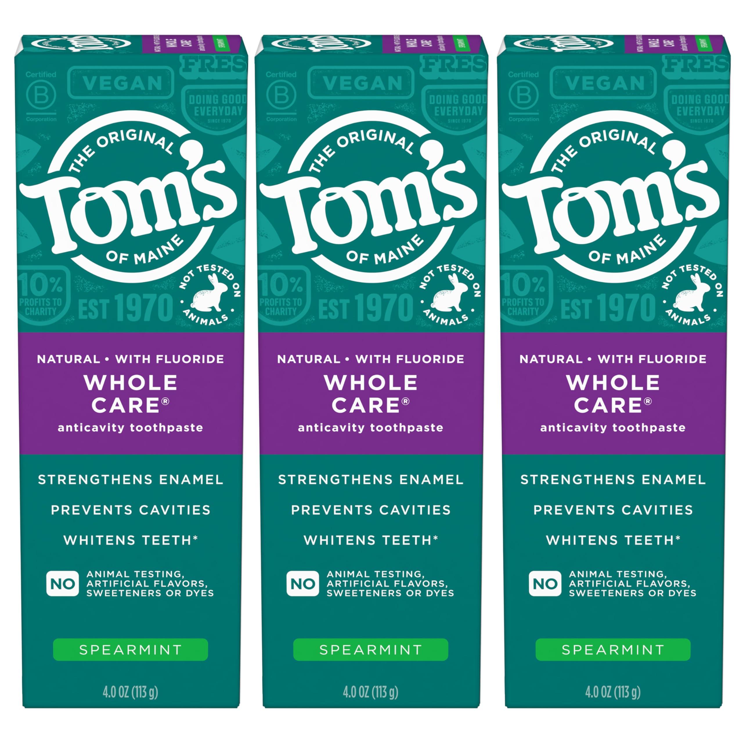 Tom's of Maine Whole Care Natural Toothpaste with Fluoride, Spearmint, 4 Ounce (Pack of 3), (Packaging May Vary) - Image 9