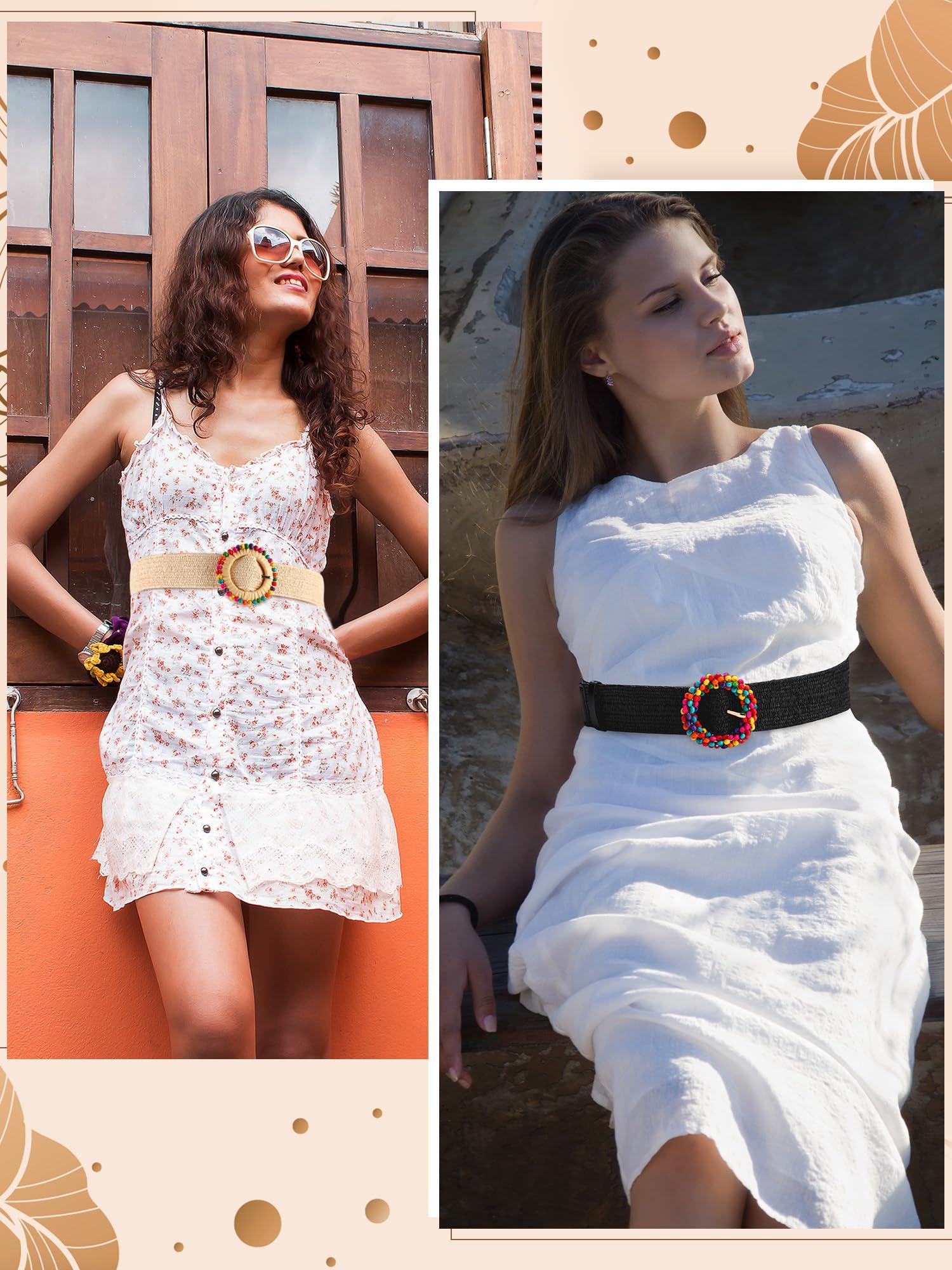 WILLBOND 4 Pcs Straw Woven Belt Elastic Stretch Rattan Buckle Waist Belt Women Skinny Raffia Dress Waist Band - Image 4