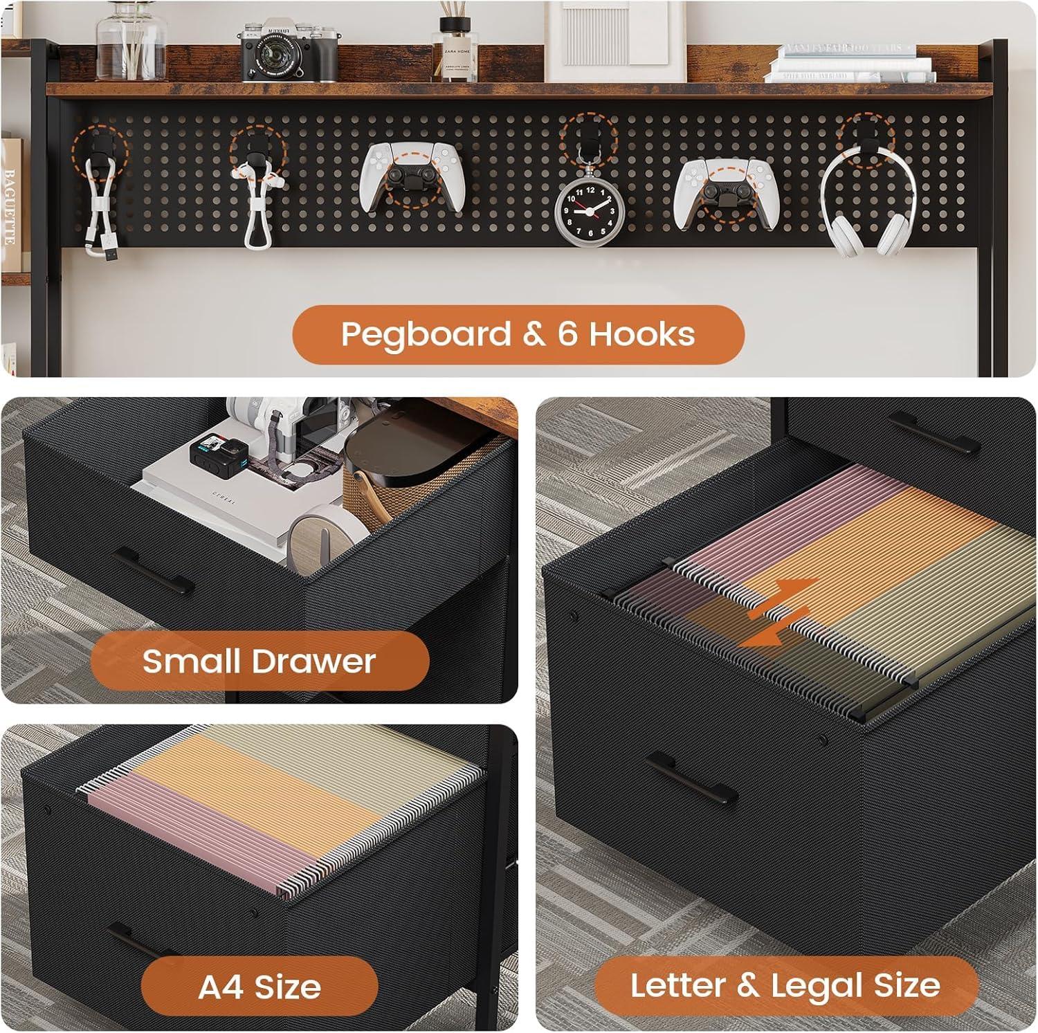 UPOSOJA Gaming Desk with Hutch, 65in Reversible Computer Desk with Power Outlets LED Light, Home Office Desk with Monitor Stand 2 Drawers 4 Storage Shelves Pegboard 8 Hooks Mouse Pad (Brown) - Image 8