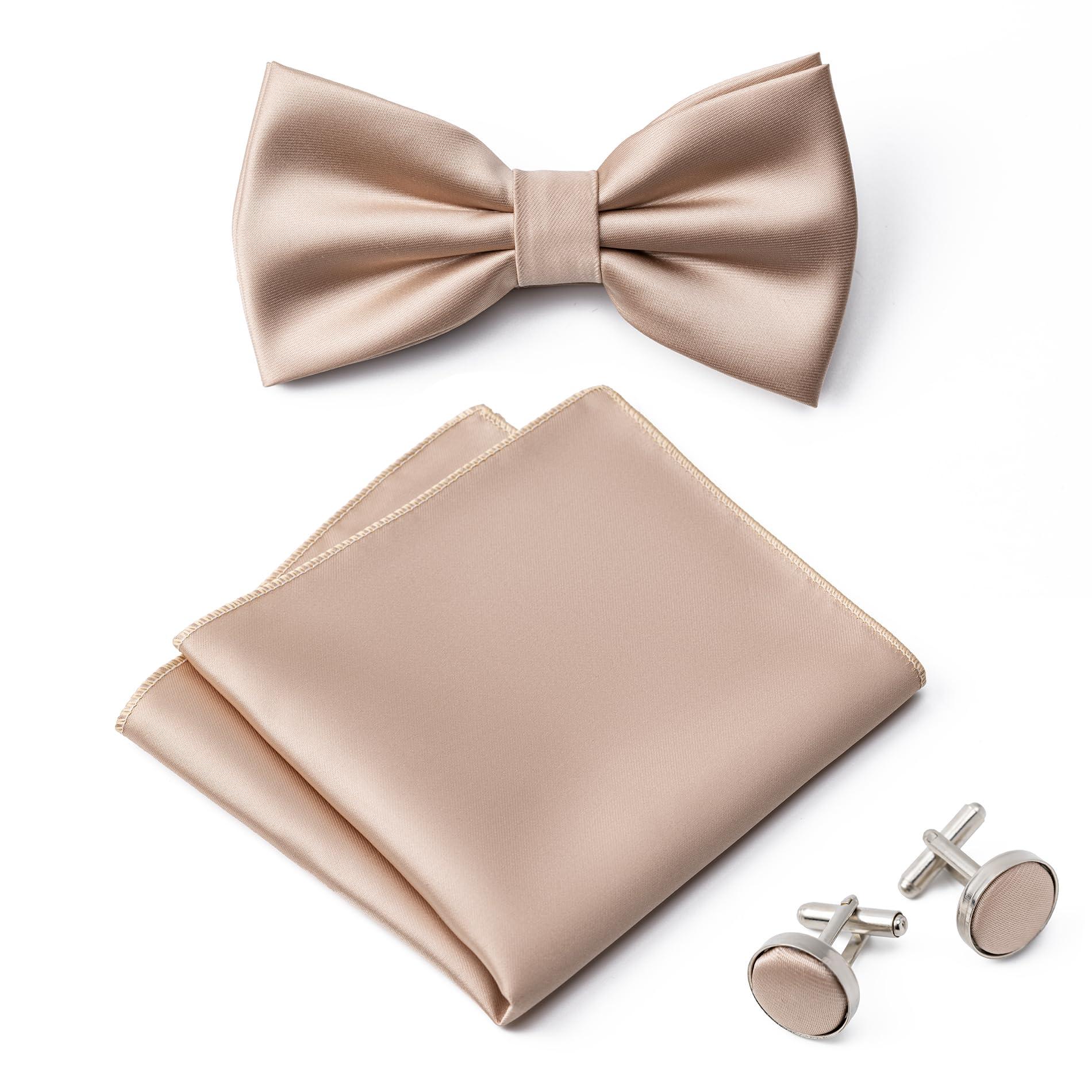 Aegero Mens Solid Color Double Fold Pre-tied Bow Tie and Pocket Square Cufflinks Set Formal Tuxedo Bowties for Wedding Party - Image 3