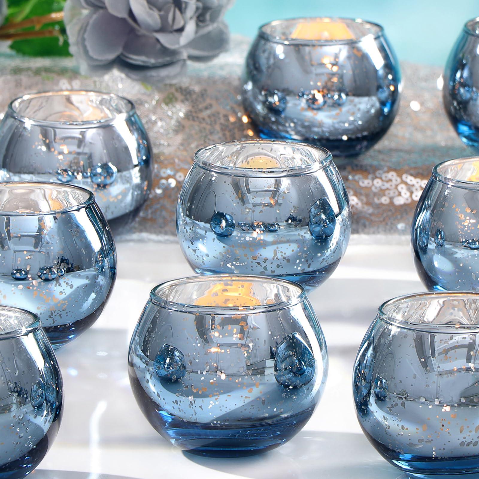 LAMORGIFT 36 Pcs Blue Votive Candle Holders - Mercury Glass Tealight Holders for Dusty Blue Wedding Decor, Centerpiece Table Decorations