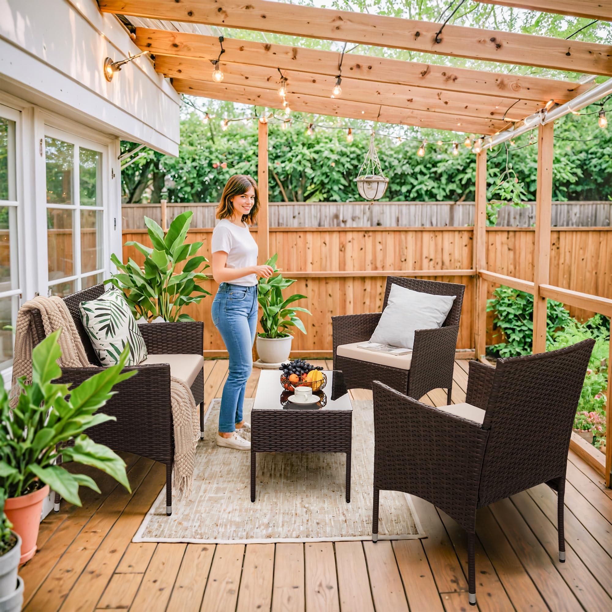 Homall 4 Pieces Outdoor Patio Furniture Sets Rattan Chair Wicker Set, Outdoor Indoor Use Backyard Porch Garden Poolside Balcony Furniture Sets Clearance (Brown and Beige) - Image 2