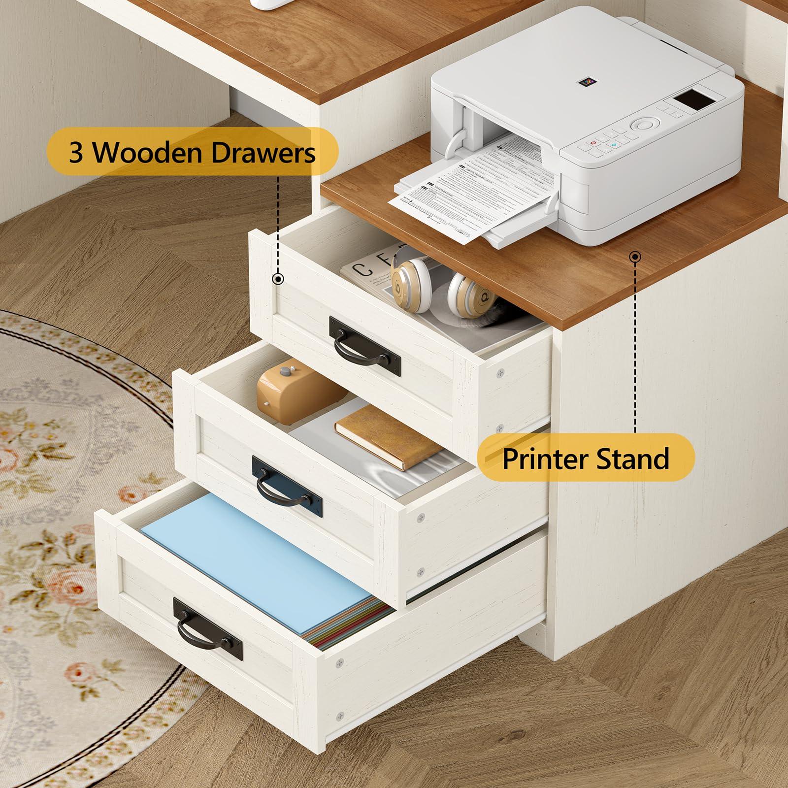 TVU Farmhouse Computer Desk with Drawers, 65'' Home Office Desk with Power Outlets, Storage Cabinet and Printer Stand, Study Writing Desks with Long Monitor Stand, White - Image 5