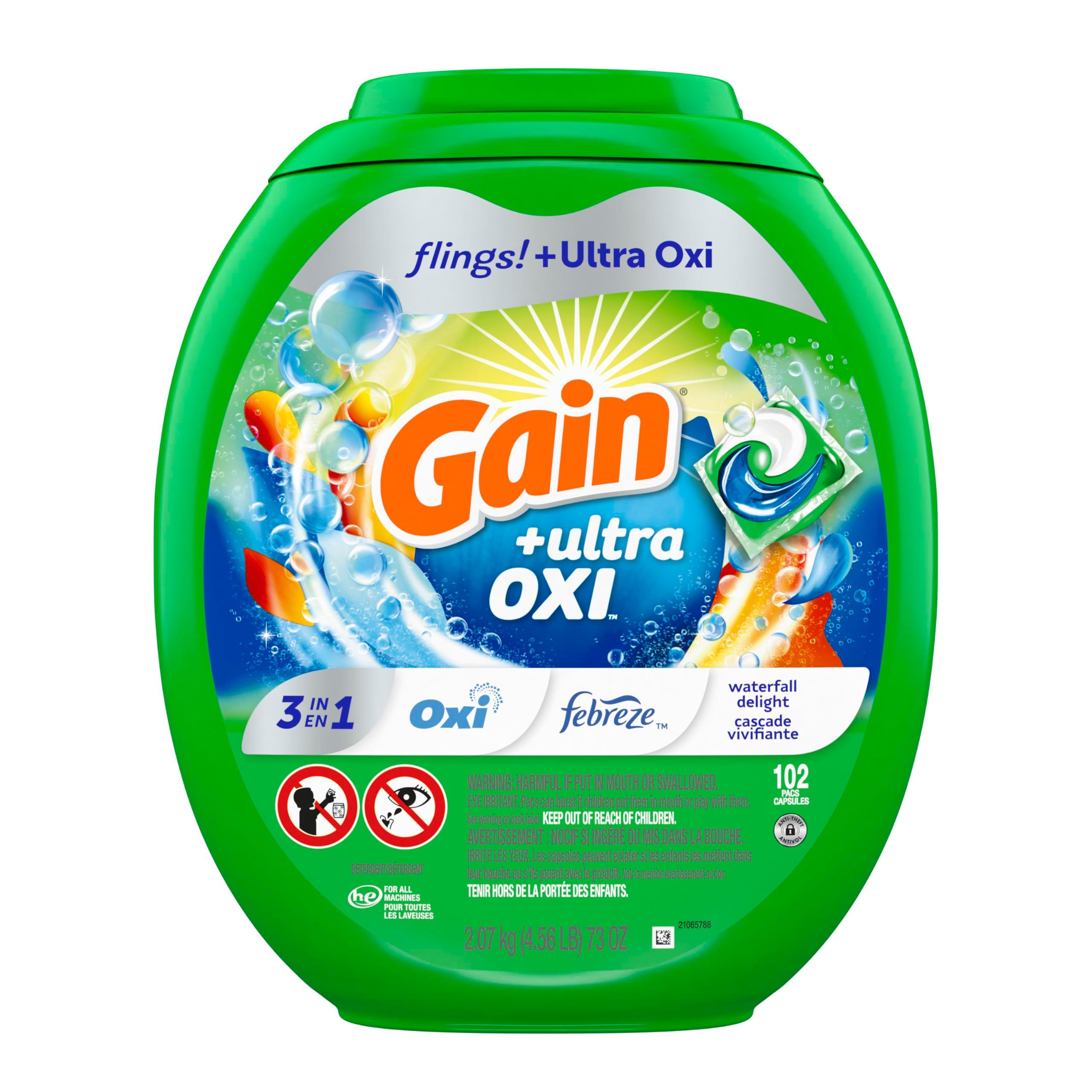 Gain Flings Ultra Oxi Laundry Detergent Pacs, 102 Count, Waterfall Delight Scent, 3-in-1, HE Compatible - Image 9