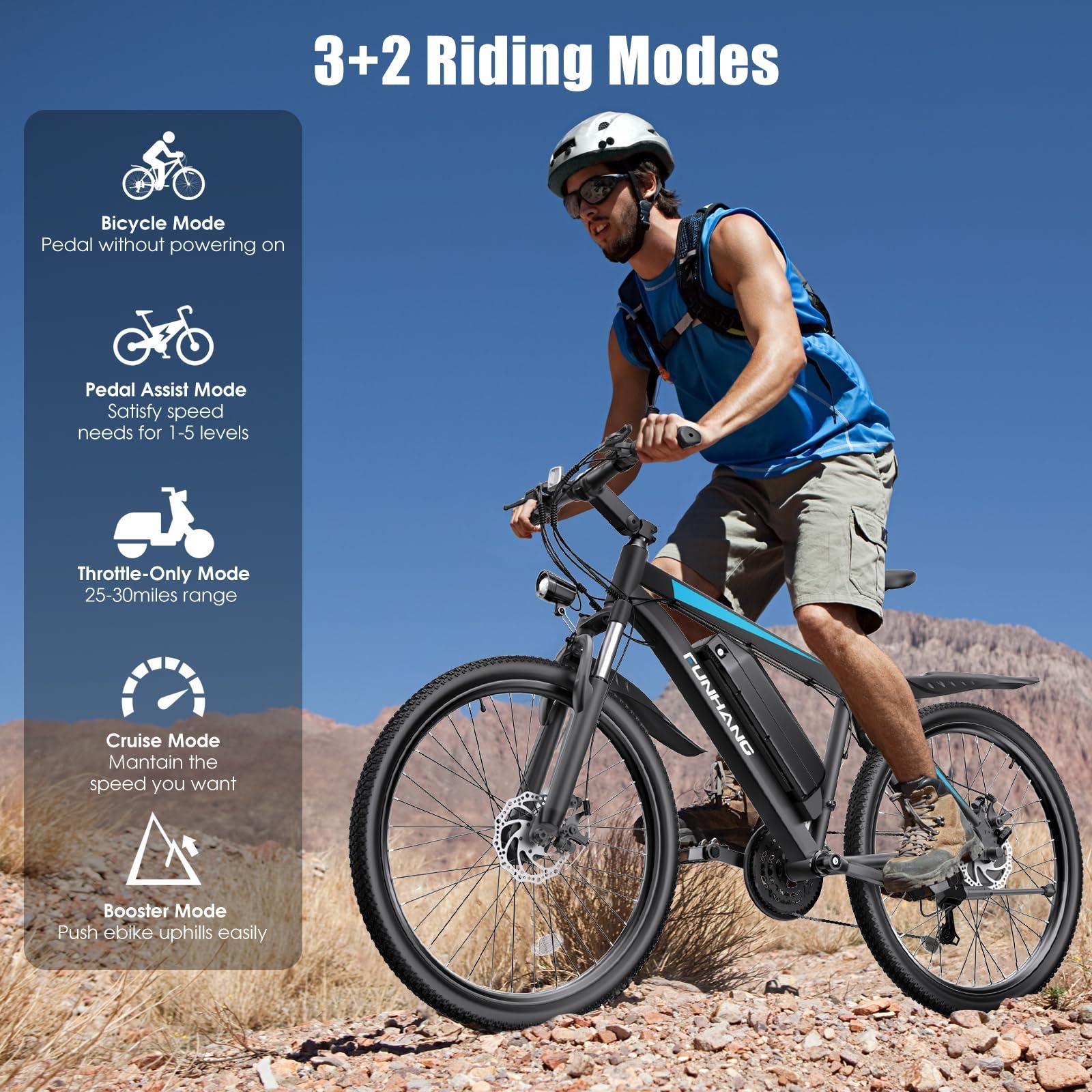 Funhang Electric Bike for Adults, Peak 1000W Ebike, 50Miles 21.7MPH Adult Electric Bicycles, 26" Electric Mountain Bike 48V 374.4WH Battery, Commuter E Bike with Adjustable Stem, Fenders, 21 Speed - Image 5