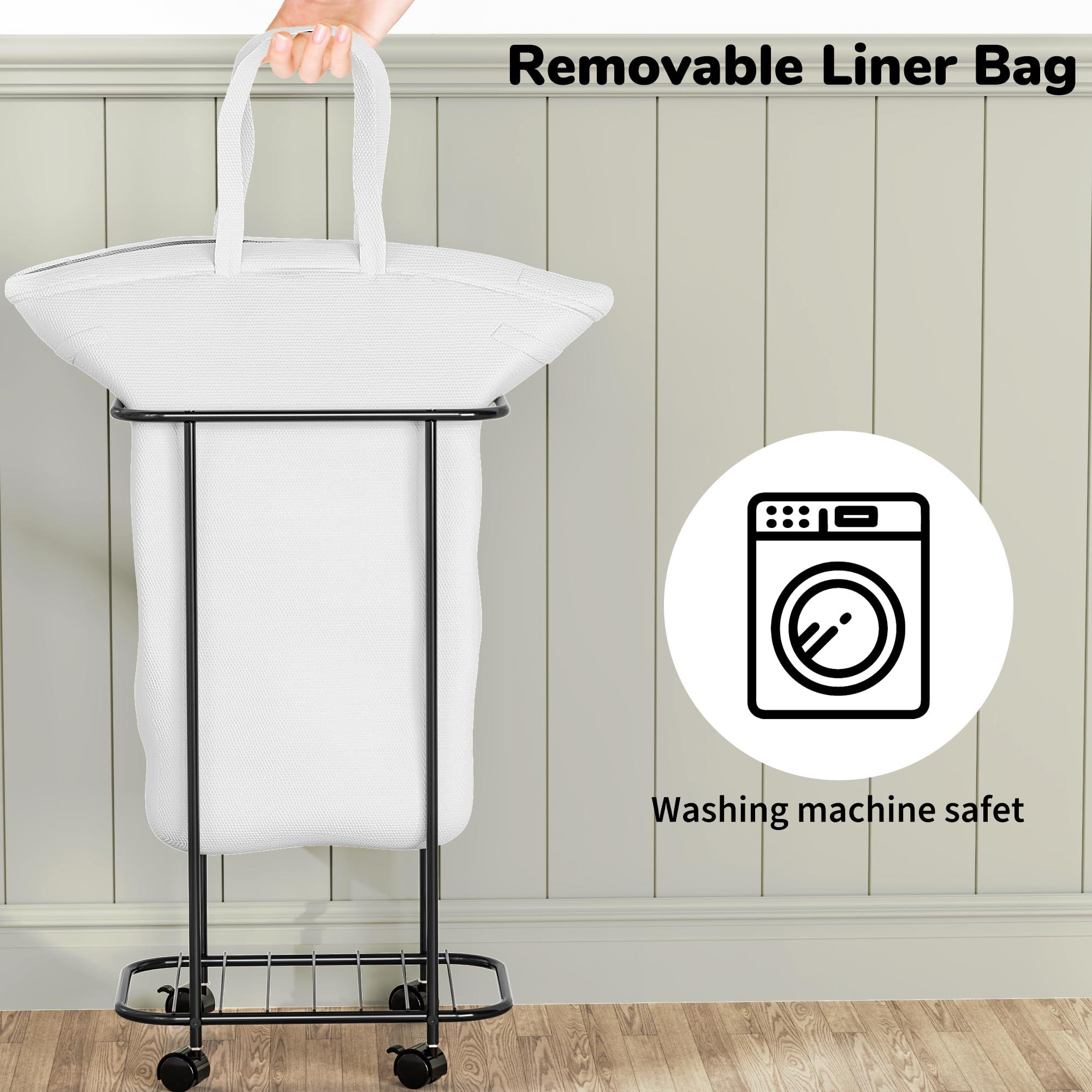 Wheels Laundry Hamper, Laundry Basket Organizer, 90 Litre Small Dirty Clothes Basket with Removable Lined Bag for Bathroom and Bedroom Storage (White) - Image 7