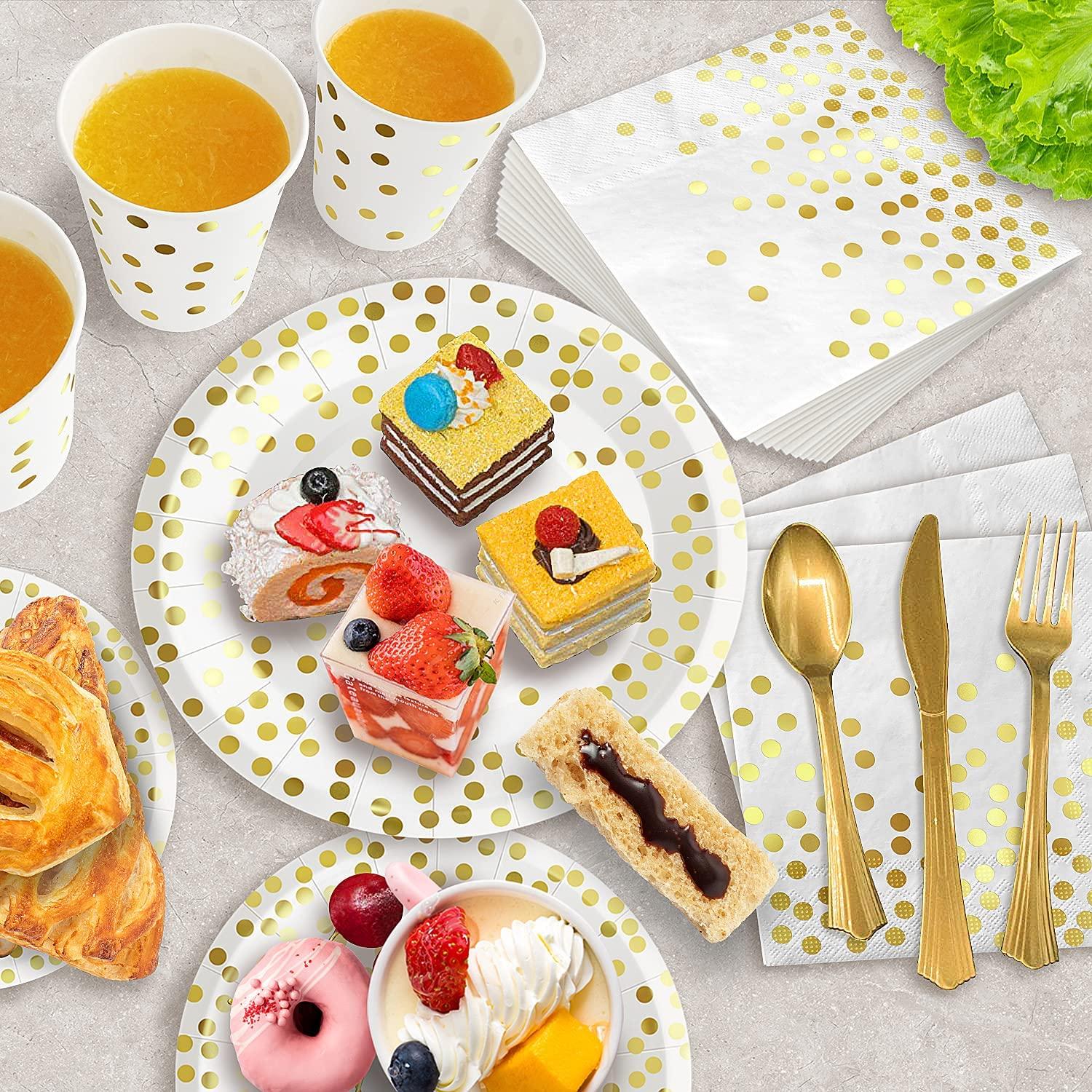 175PCS White and Gold Party Supplies, Severs 25 Disposable Party Dinnerware, Gold Plastic Forks Knives Spoons and Golden Dot Paper Plates, White Napkins Cups for Graduation, Birthday, Wedding - Image 2