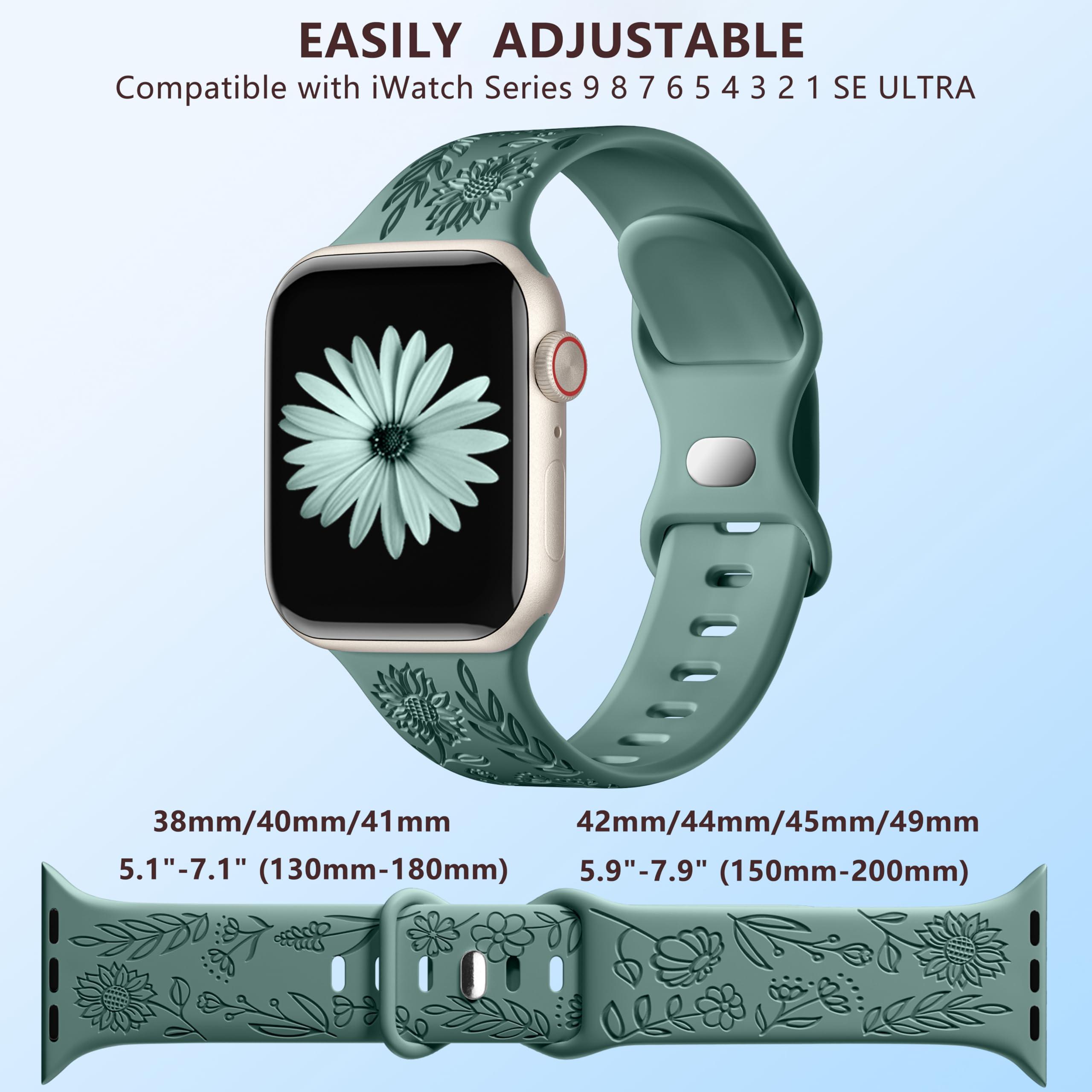 SNBLK 6 Pack Floral Engraved Bands Compatible with Apple Watch Bands for Women & Men, Soft Silicone Cute Flower Pattern Sport Strap for iWatch Series 1-10, Ultra, SE - Image 9