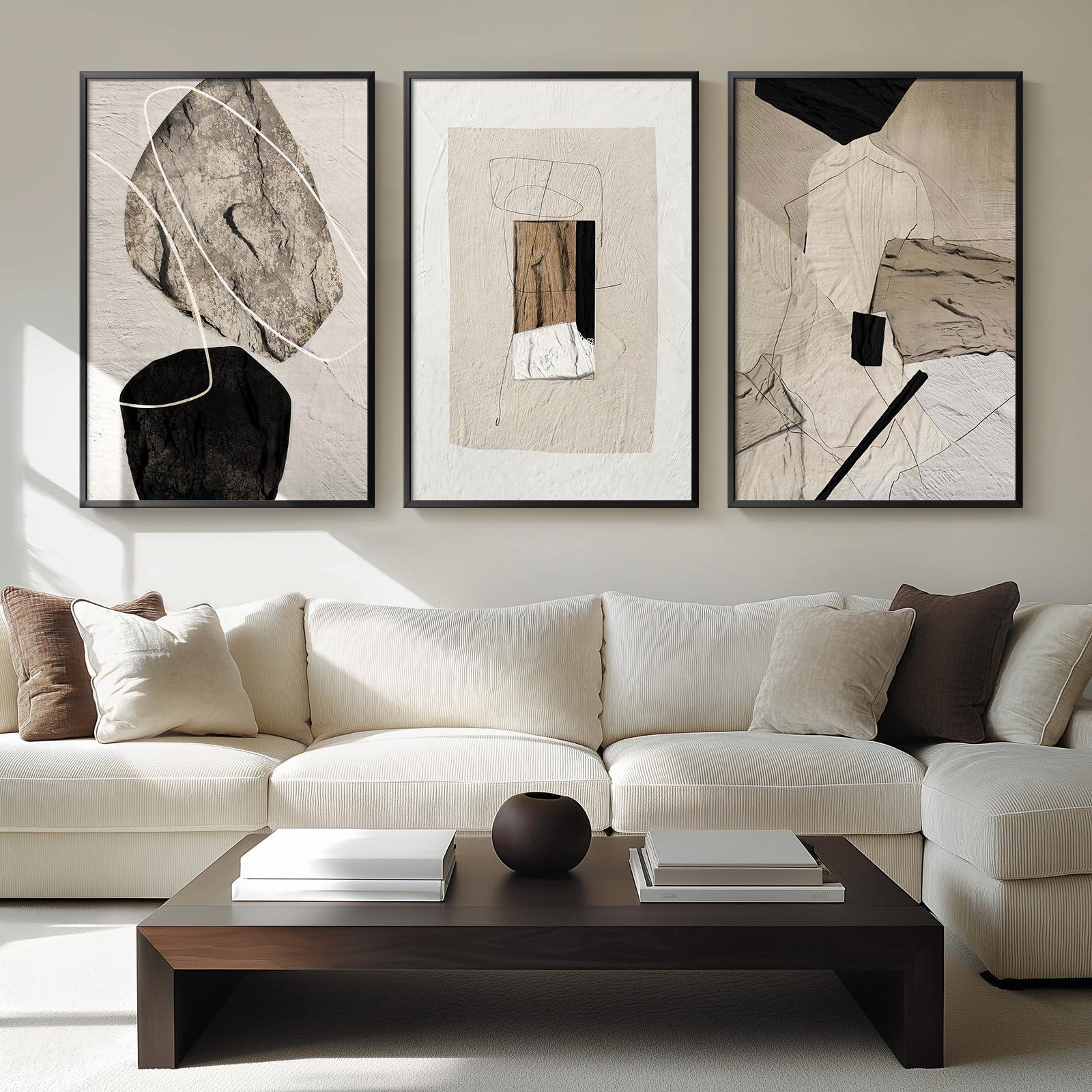 Large Framed Neutral Abstract Wall Art for Living Room, 3 Piece Modern Canvas Prints Paintings Artwork for Walls, Black and Beige Pictures for Living Room Hallway Stair Office Wall Decor 24x36 Inch