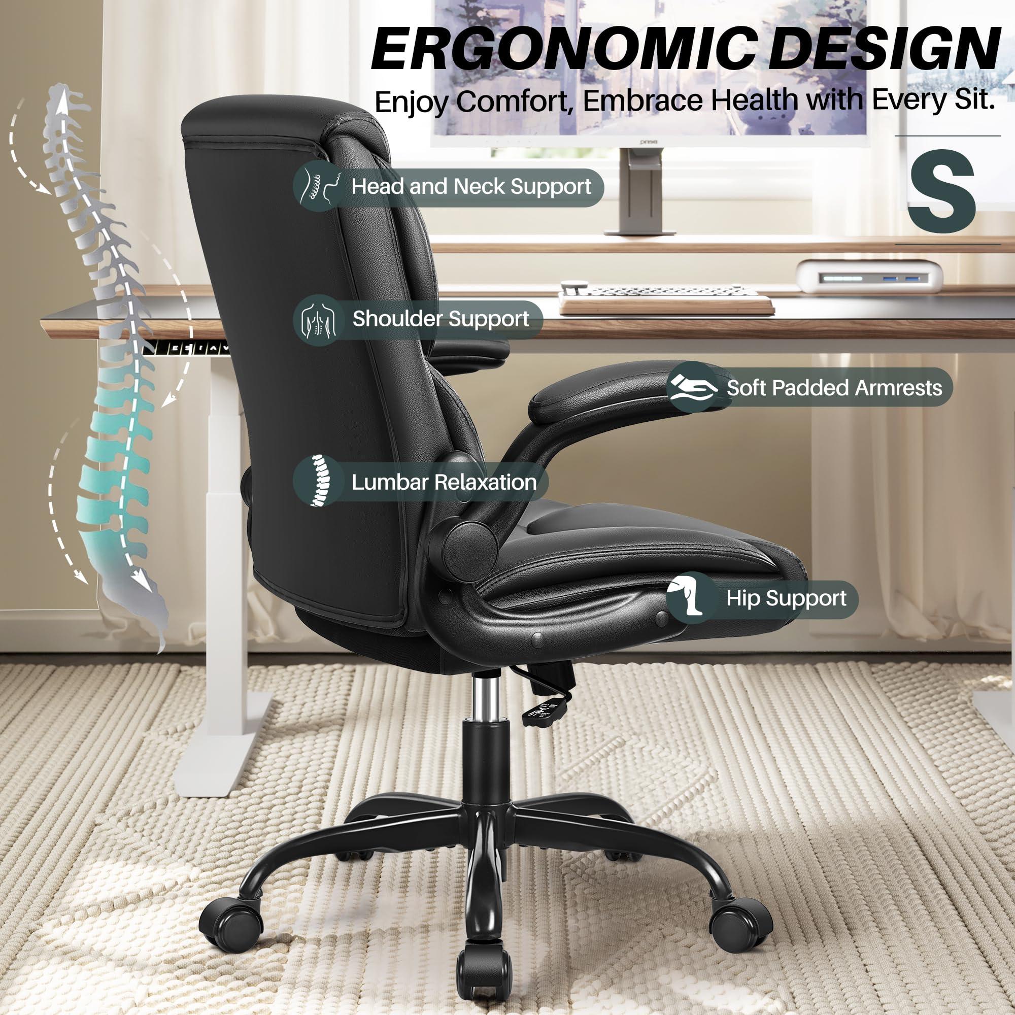 FelixKing Leather Office Chair - Small PU Ergonomic Desk Chair, Comfy Computer Chair with Wheels and Flip-up Armrests, Adjustable Height Mid Back Executive Office Chair for Short People-Black - Image 6