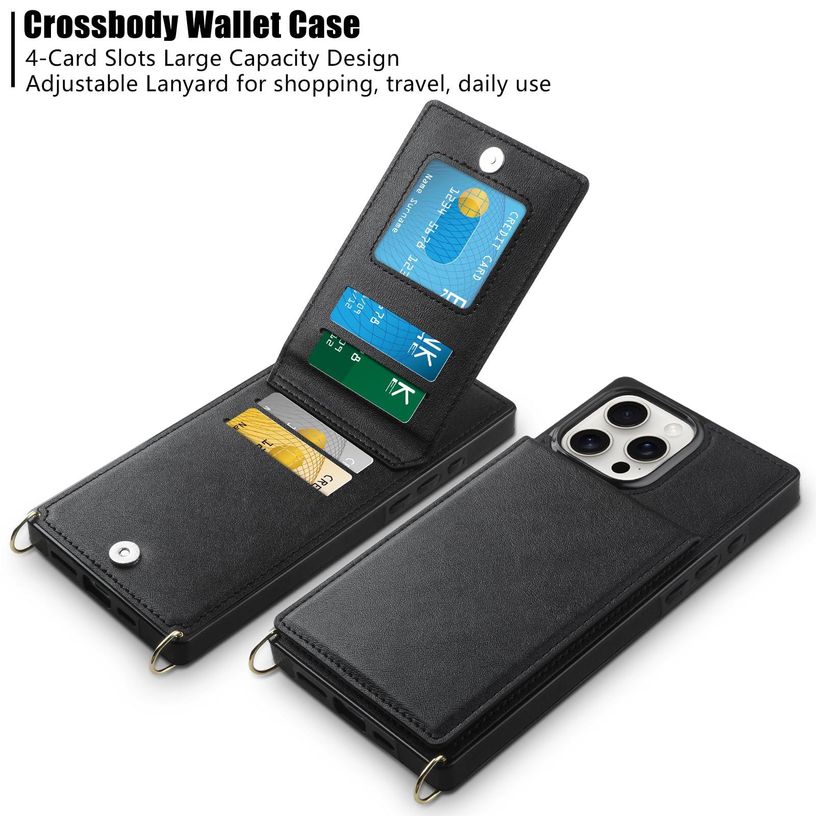 Vofolen for iPhone 16 Pro Leather Wallet Case Flip Cover Black | with Card Holder, Crossbody Lanyard Strap, with Magnetic Clasp, Kickstand, Heavy Duty Protective, for Women - Image 2