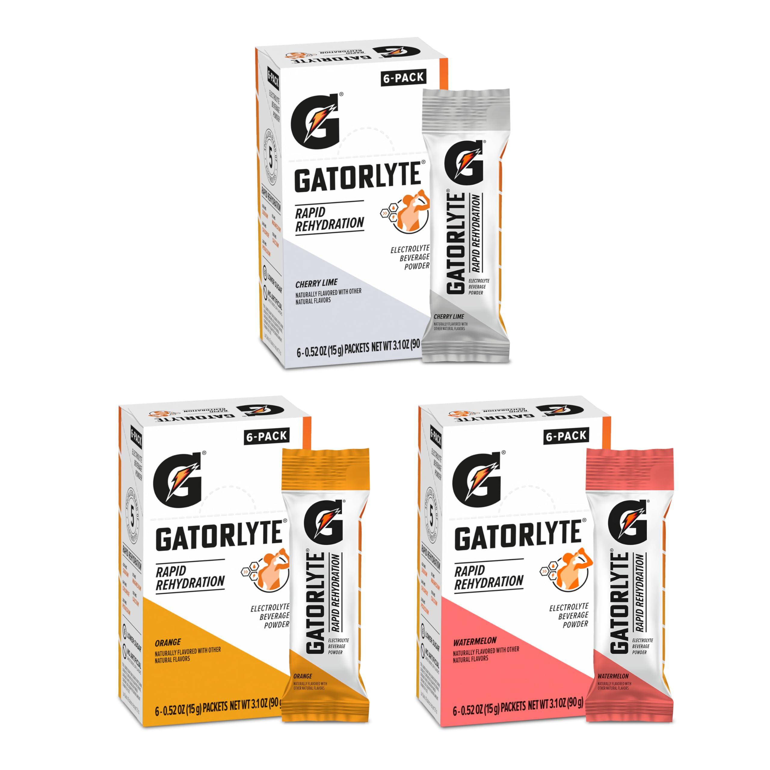 Gatorlyte Rapid Rehydration Electrolyte Beverage, Variety Pack, Lower Sugar, Specialized Blend of 5 Electrolytes, No Artificial Sweeteners or Flavors, 18 pack, 1 pack mixes with 16.9oz (500ml) water