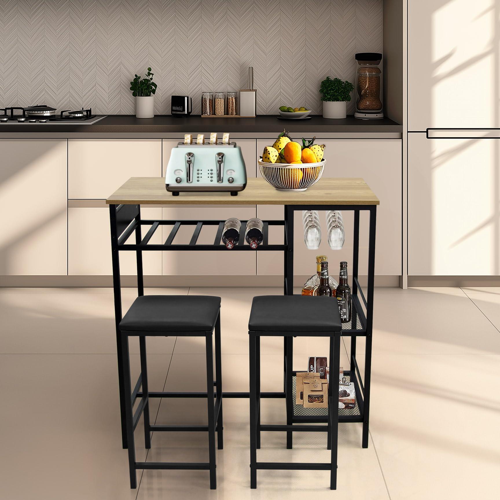Ghouse Bar Table and Chairs Set of 2 with Storage Rack 4 Rows of Wine Glass Hanging Holder Pub Table with 2-Tier Storage Shelves for Apartment Living Room Dining Room Natural Oak 36.7 Inches Height - Image 6