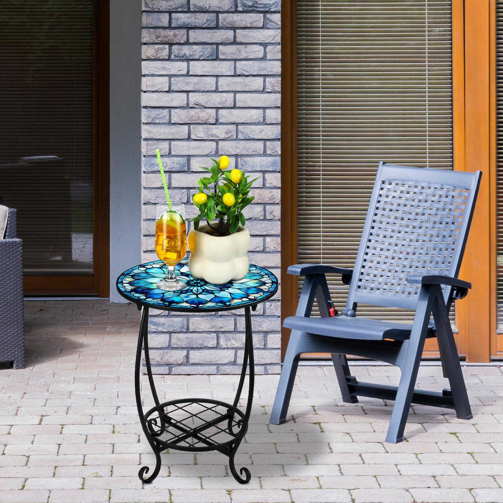 Cinnvoice Outdoor Side Table Round Small Mosaic Patio Accent Indoor End Plant Metal Coffee Tea Table for Yard Porch Garden Patio Living Room, Bedroom(Mandala Flower Style,14 Inch) - Image 2