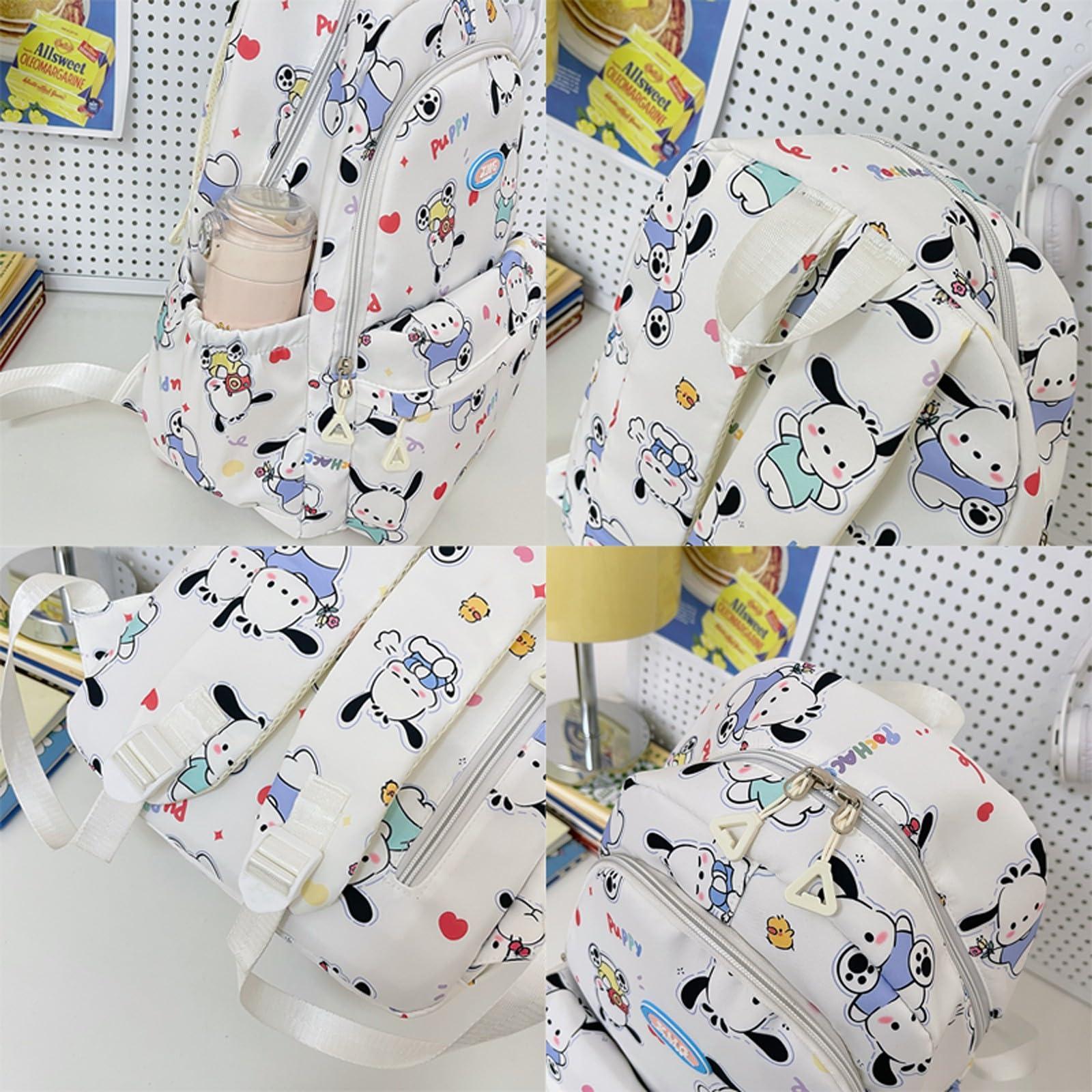 Roffatide Cartoon Pochacco All Over Print Casual Backpack Laptop Backpack Bike Travel Hiking Rucksack Daypack White (With Cute Pendants) - Image 4
