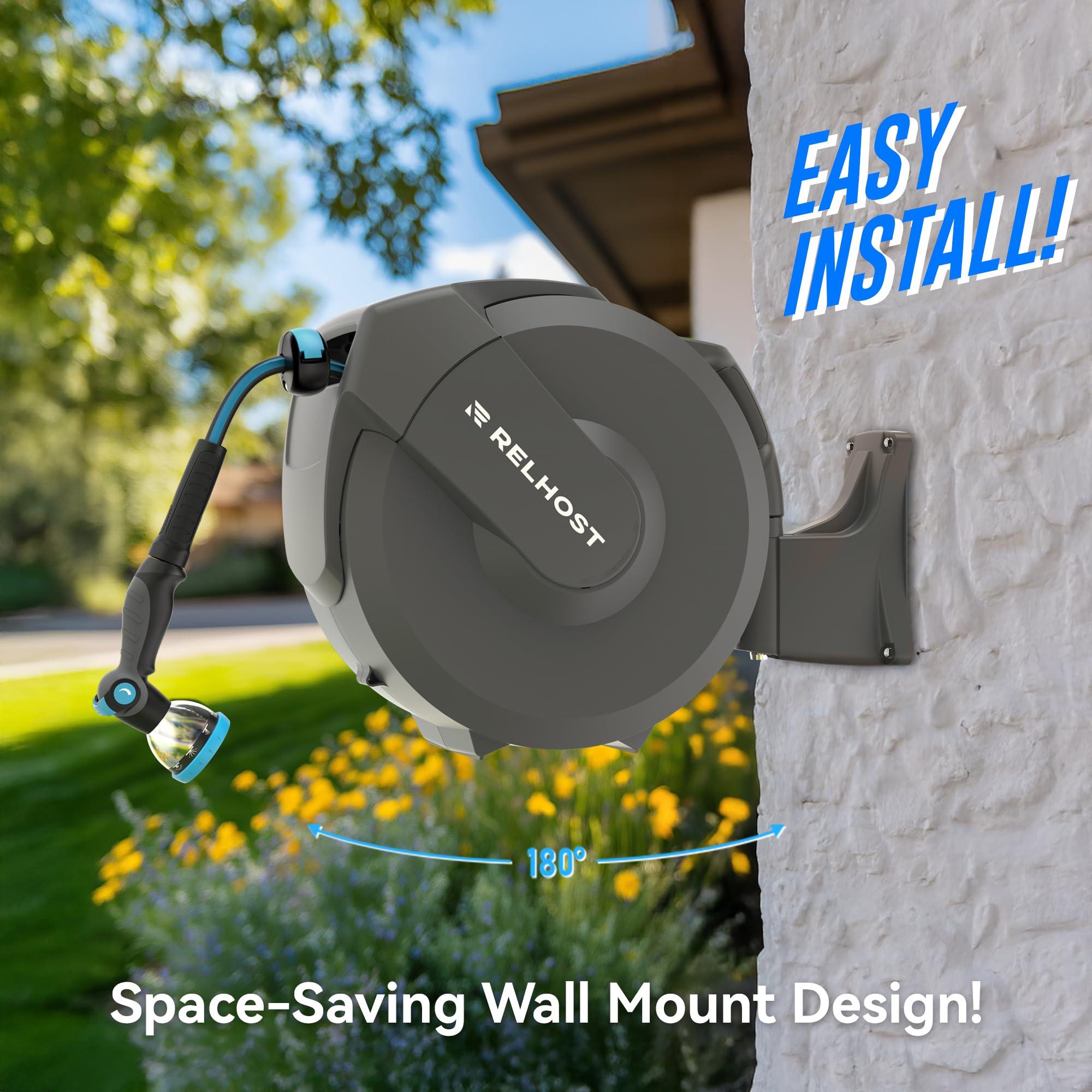 Relhost Retractable Garden Hose Reel 100 ft x 1/2 in, Heavy Duty Hose Reel Wall Mount with Any Length Lock, Auto Rewind System, 180° Swivel Bracket, 10-Pattern Garden Hose Nozzle, Dark Grey - Image 7