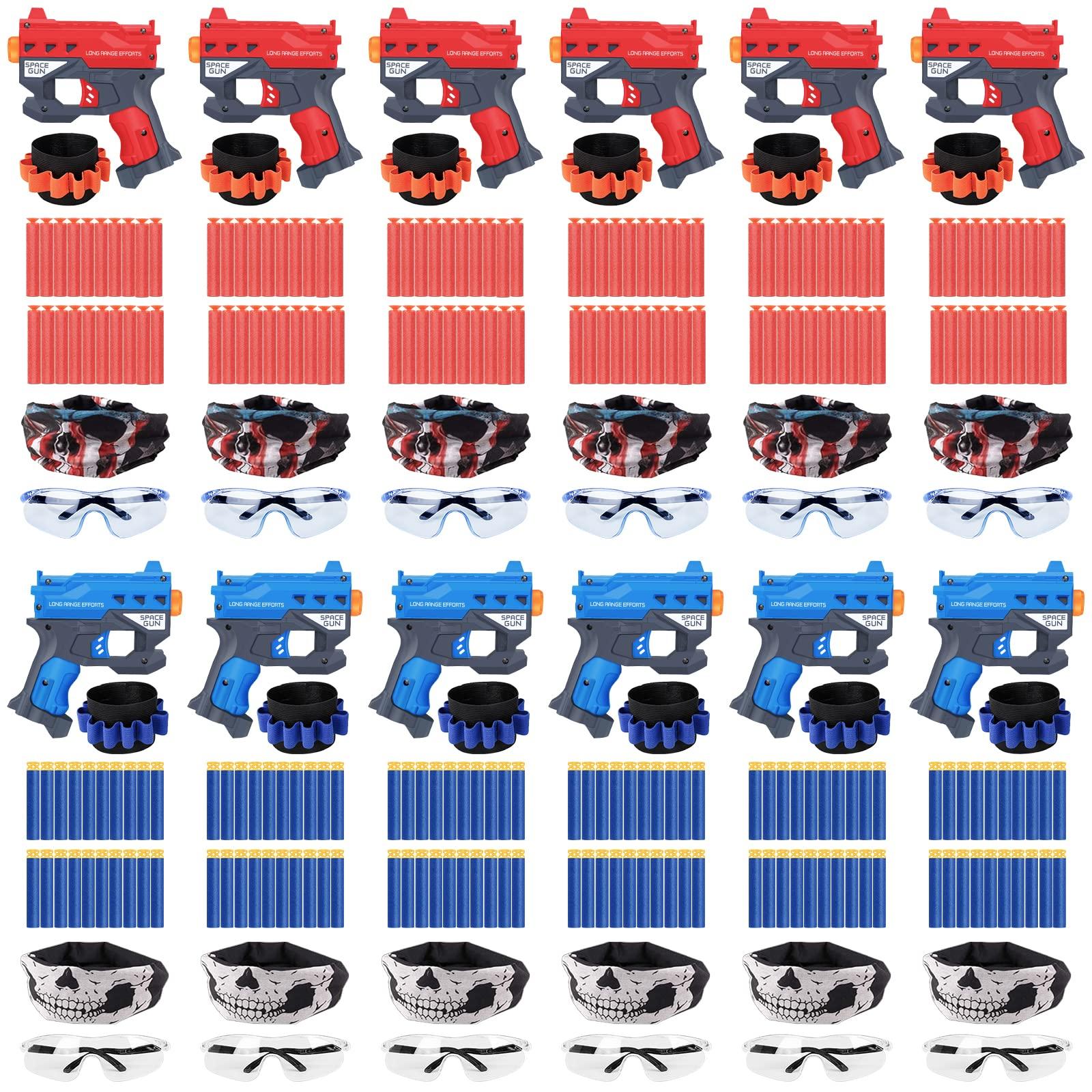 TiopLior Party Favors Compatible with Nerf Party, 12 Sets Gun Party Favors for Birthday Pack Included Mini Foam Pistols, 240 Foam Bullets, Safety Glasses, Wrist Belt Band, Face Masks