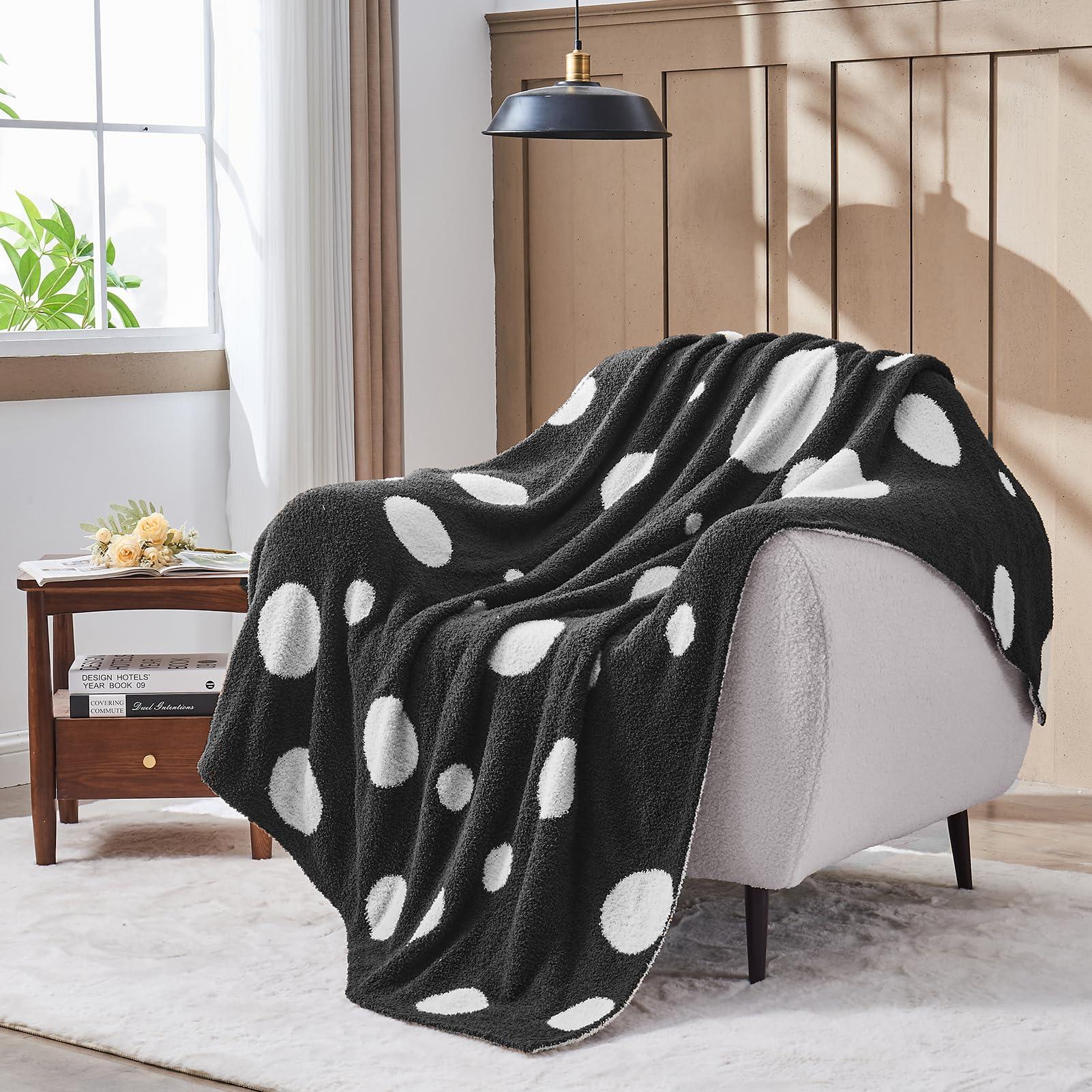 Douceur Polka Dot Throw Blanket for Couch Sofa Bed, Reversible Cozy Fluffy Super Soft Bedroom Blanket, Plush Jet Black Throw Blanket, 50×60 inches - Image 2