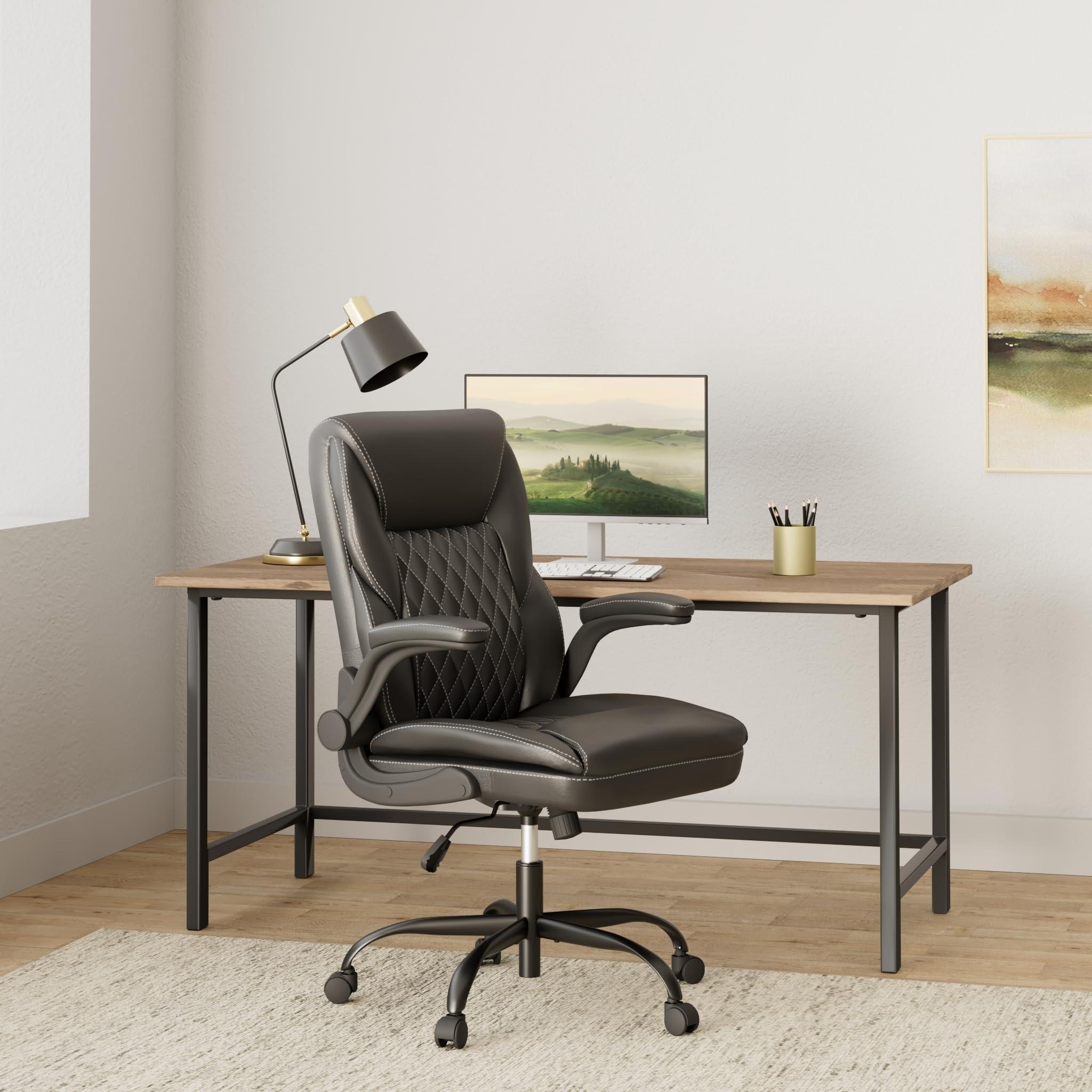 BestEra Office Chair, Executive Leather Chair Home Office Desk Chairs, Ergonomic Computer Desk Chair with Adjustable Flip-Up Arms, Lumber Support Swivel Task Chair with Rocking Function (Black) - Image 2
