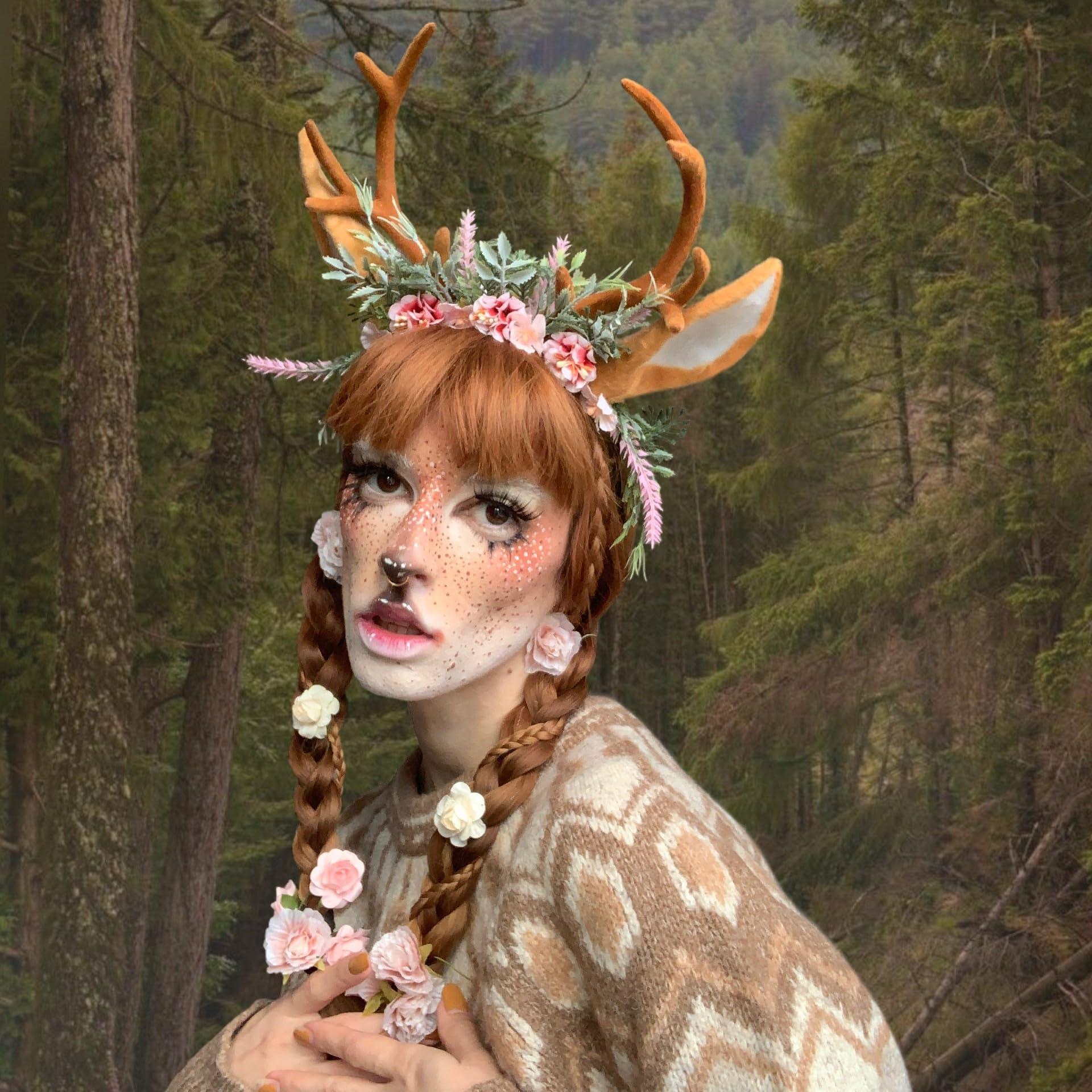 MOSTORY Handmade Antler Headband Brown - Adjustable Reindeer Horns Crown with Ears Fairy Flower Woodland Headpiece for Renaissance Christmas Cosplay Prom Fae Ball Costume Photo Prop - Image 3