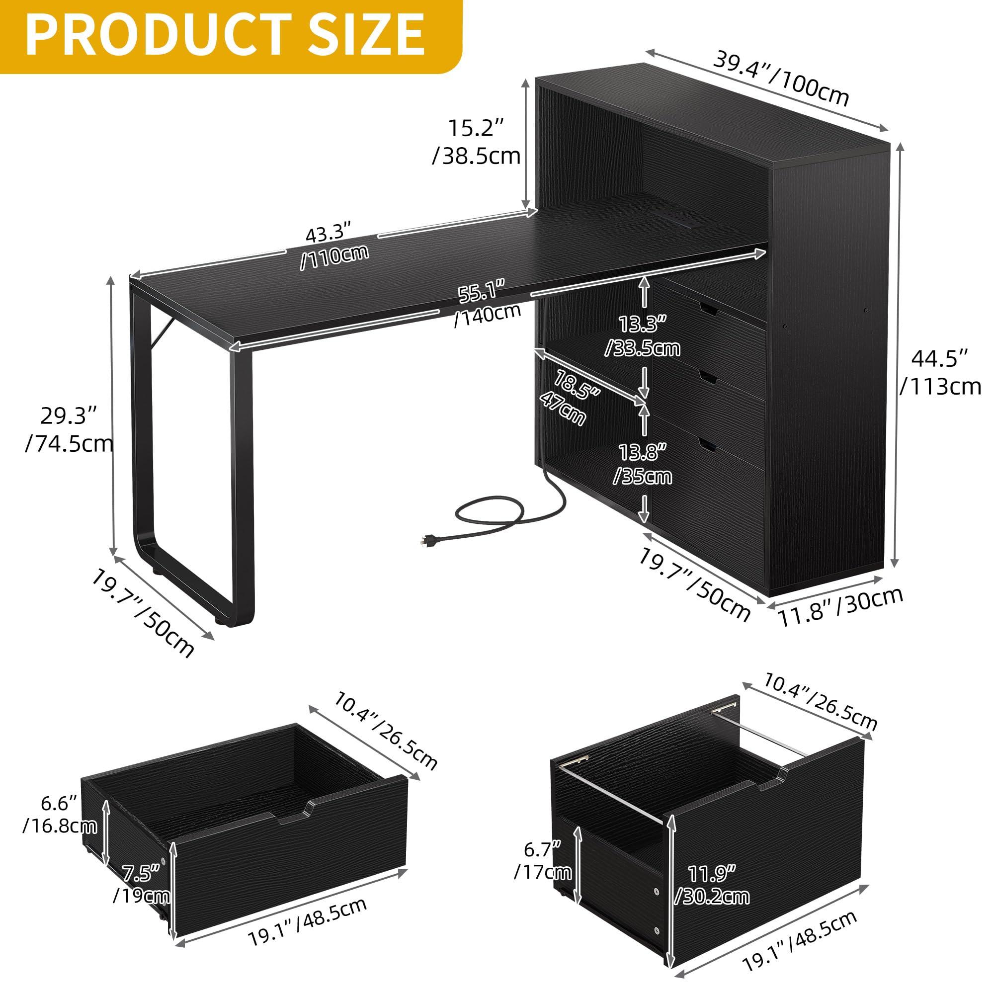 DWVO L Shaped Desk with Drawers & Power Outlets, 55" Computer Desk with Bookshelf, Corner Desk Home Office Desk with Storage Shelves & LED Lights, Black - Image 2