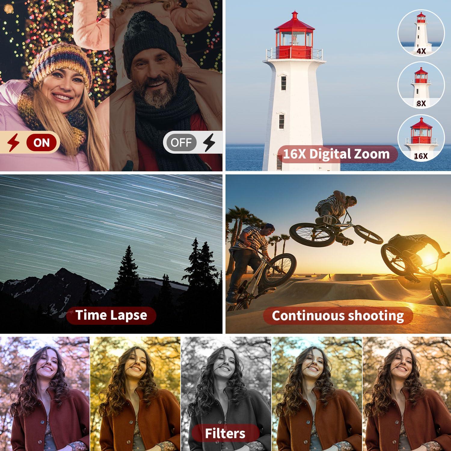 Bifevsr 4K Digital Camera for Photography Autofocus, 48MP Vlogging With Flash Anti-Shake, 3'' 180 Flip Screen Compact Travel 16X Zoom for Teens With 32G Card, Battery Charger - Image 6
