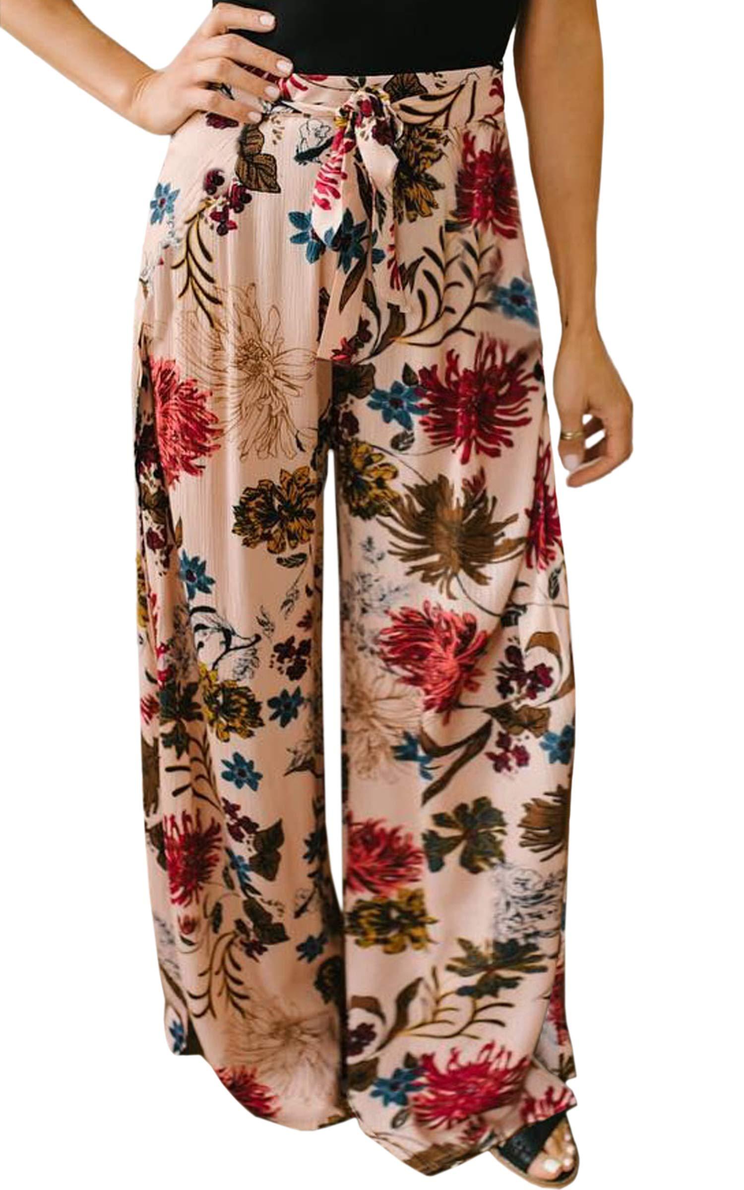 ECOWISH Wide Leg Pants for Women Summer 2025 Palazzo Tropical Floral Casual High Waist Flared Trousers with Pockets