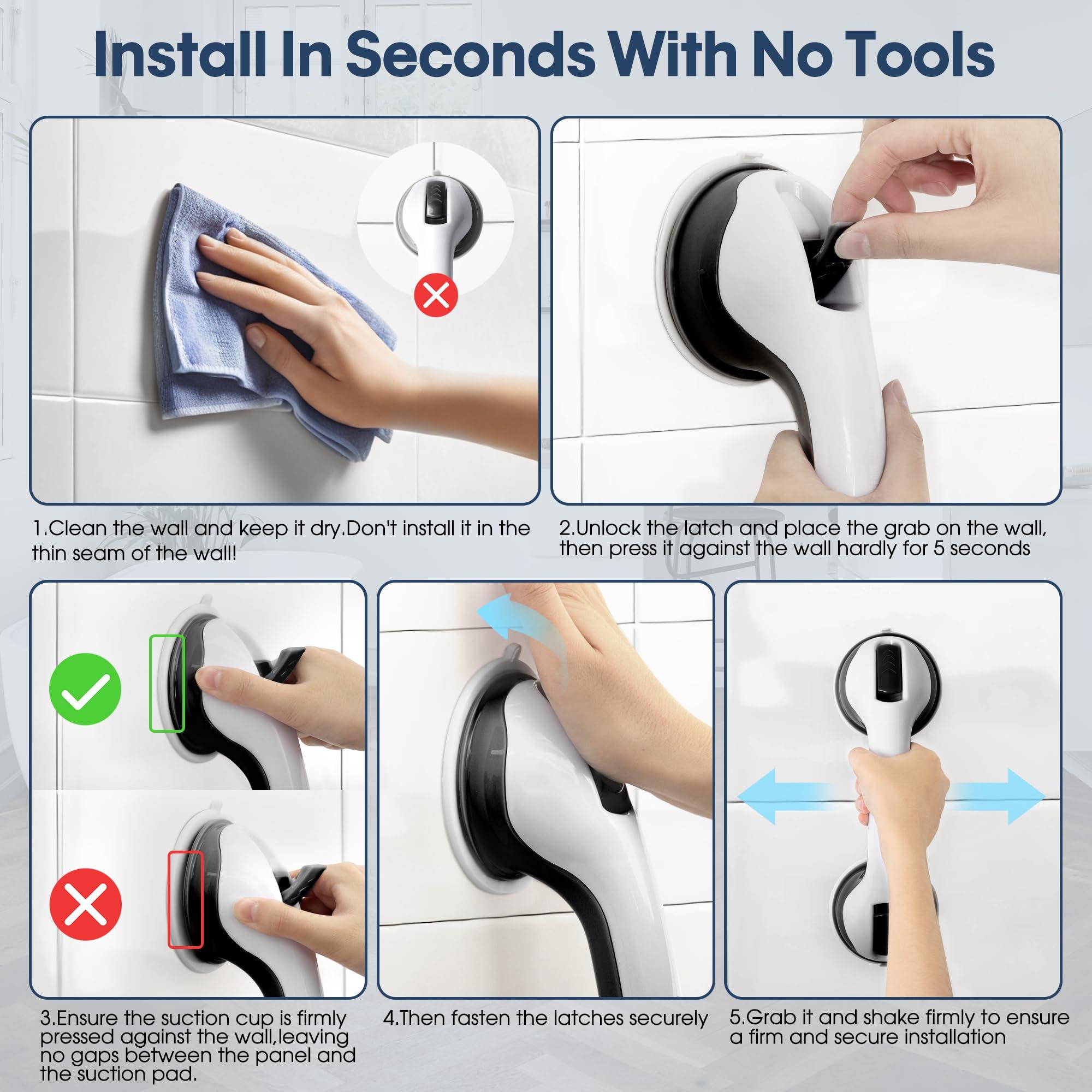 Auroras 12 Inch Grab Bars for Bathtubs and Showers with Suction Cup, Removable Shower Grab Bars for Seniors, No Drilling Heavy Duty Shower Handle for Bathroom Safety, Handicap Grab Bars,Black (2 Pack) - Image 8