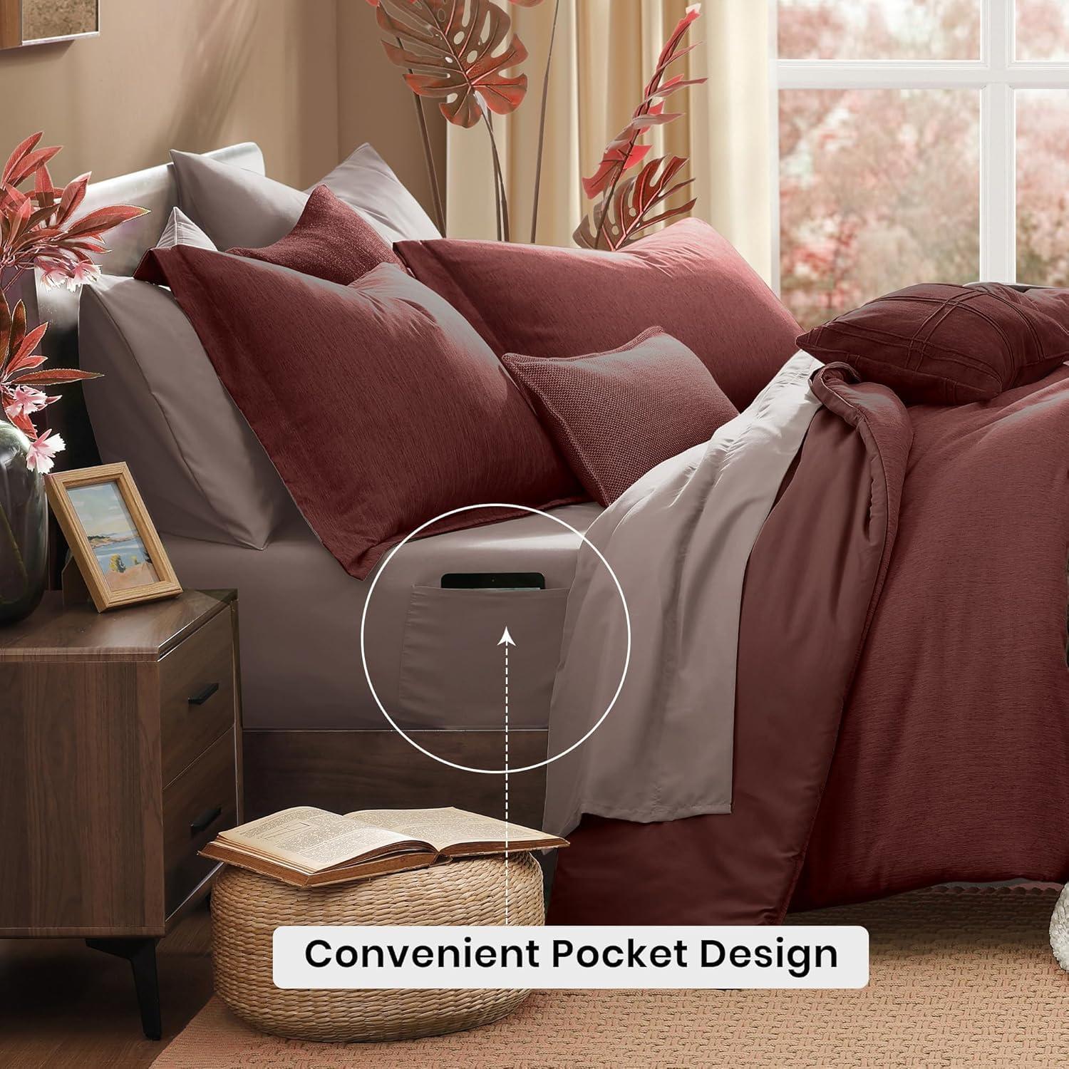 Monbix California King Comforter Set - 7 Pieces Cationic Dyeing Dark Red Bed in a Bag Cal King Bedding Sets with Comforter, Sheets, Pillowcases & Shams, Reversible Bedding Comforters Sets (108 * 92) - Image 4
