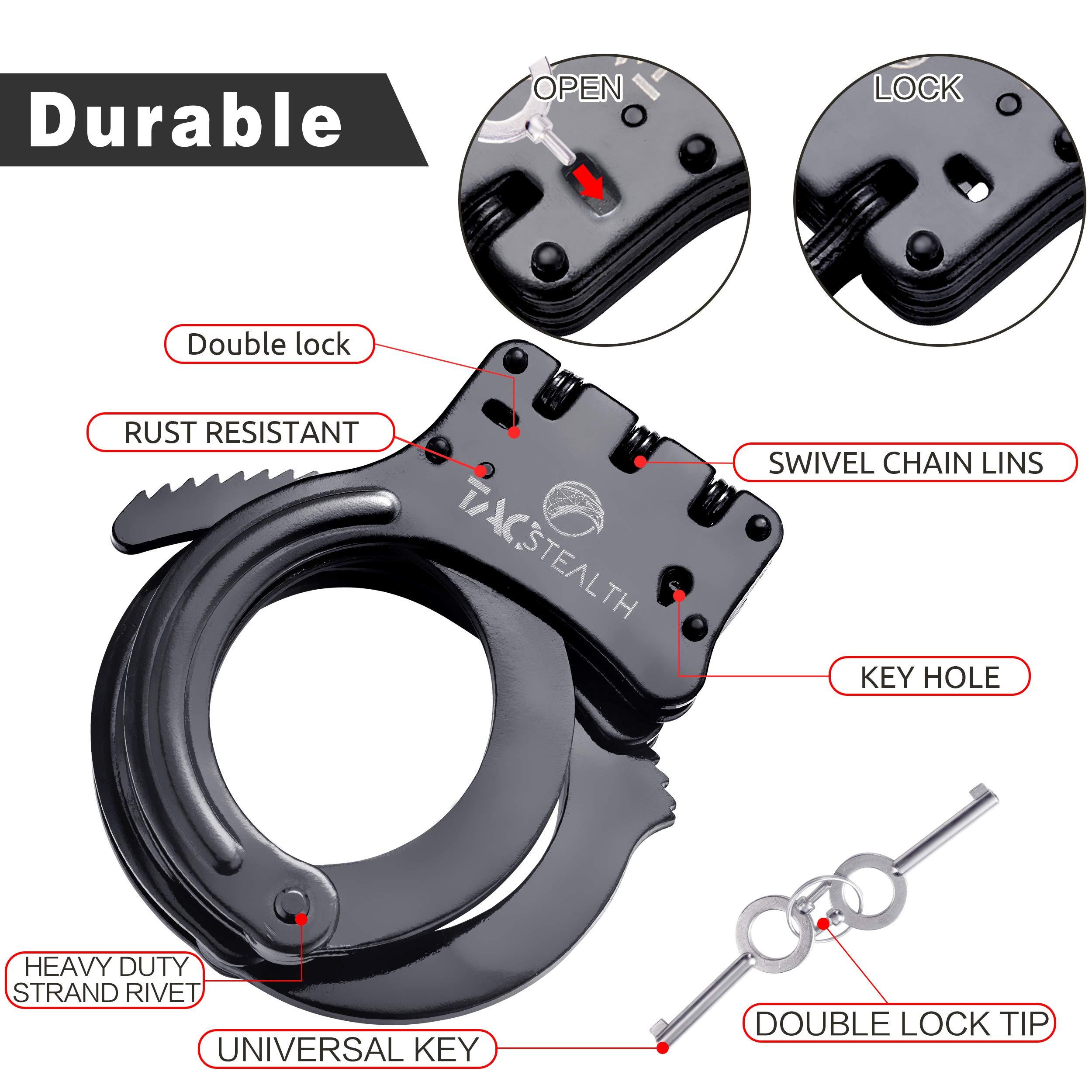 TacStealth Double Lock Hinged Handcuffs with Two Keys & Case | Heavy Duty Black Steel Professional Grade | Bend/Break Free Secure - Image 4