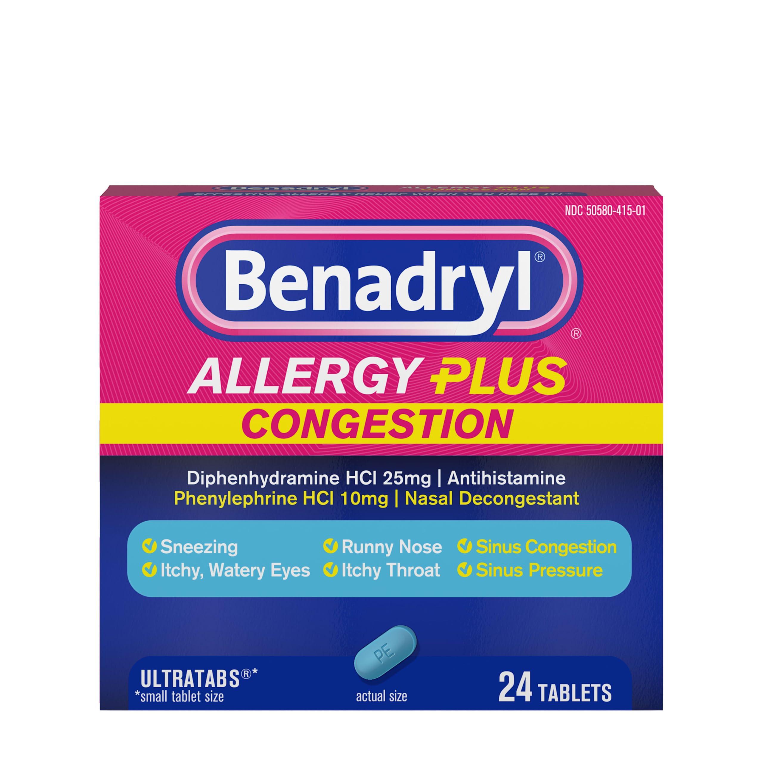 Benadryl Allergy Plus Congestion Ultratabs, Medicine with Diphenhydramine HCl Antihistamine & Phenylephrine HCl Nasal Decongestant, Allergy & Sinus Congestion Relief Tablets, 24 ct