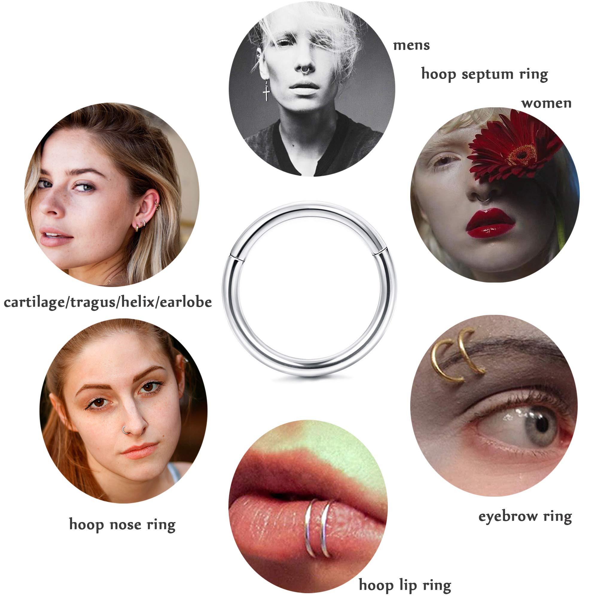 Jstyle 5Pcs 316L Surgical Steel Septum Rings Nose Rings Hoop 16G 18G 20G Hinged Clicker Hoop Nose Rings for Women Men Cartilage Hoop Earring Lip Helix Rook Tragus Conch Septum Nose Piercing Jewelry - Image 7