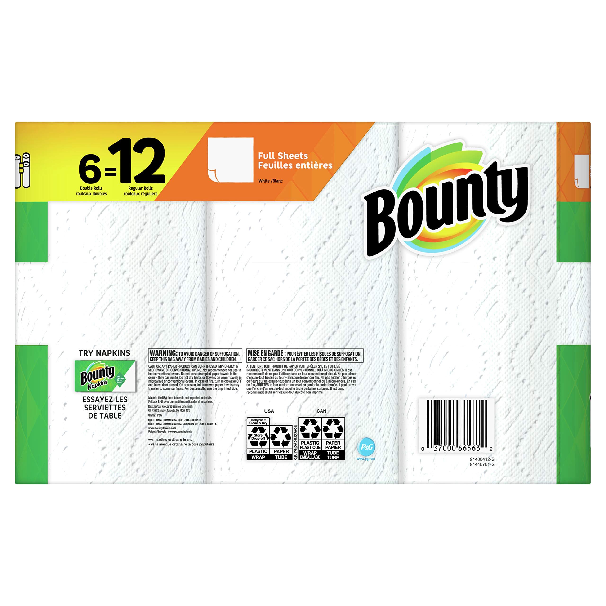 Bounty Full Sheet Paper Towels, White, 6 Double Rolls = 12 Regular Rolls - Image 2