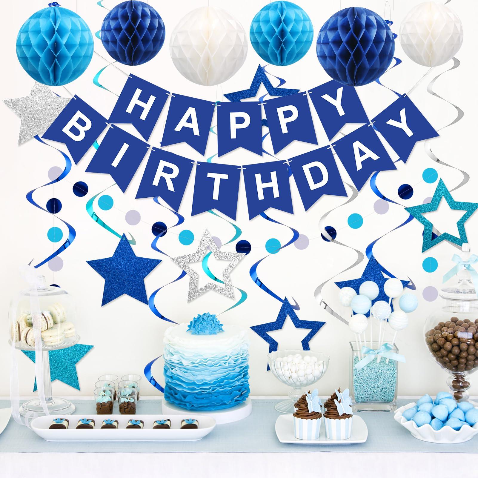 meowtastic Birthday Decorations, Happy Birthday Banner with Honeycomb Balls, Stars Hanging Swirl Streamers, Circle Dots Garland, Happy Birthday Party Decorations for Women Men Boys Girls (Blue) - Image 4