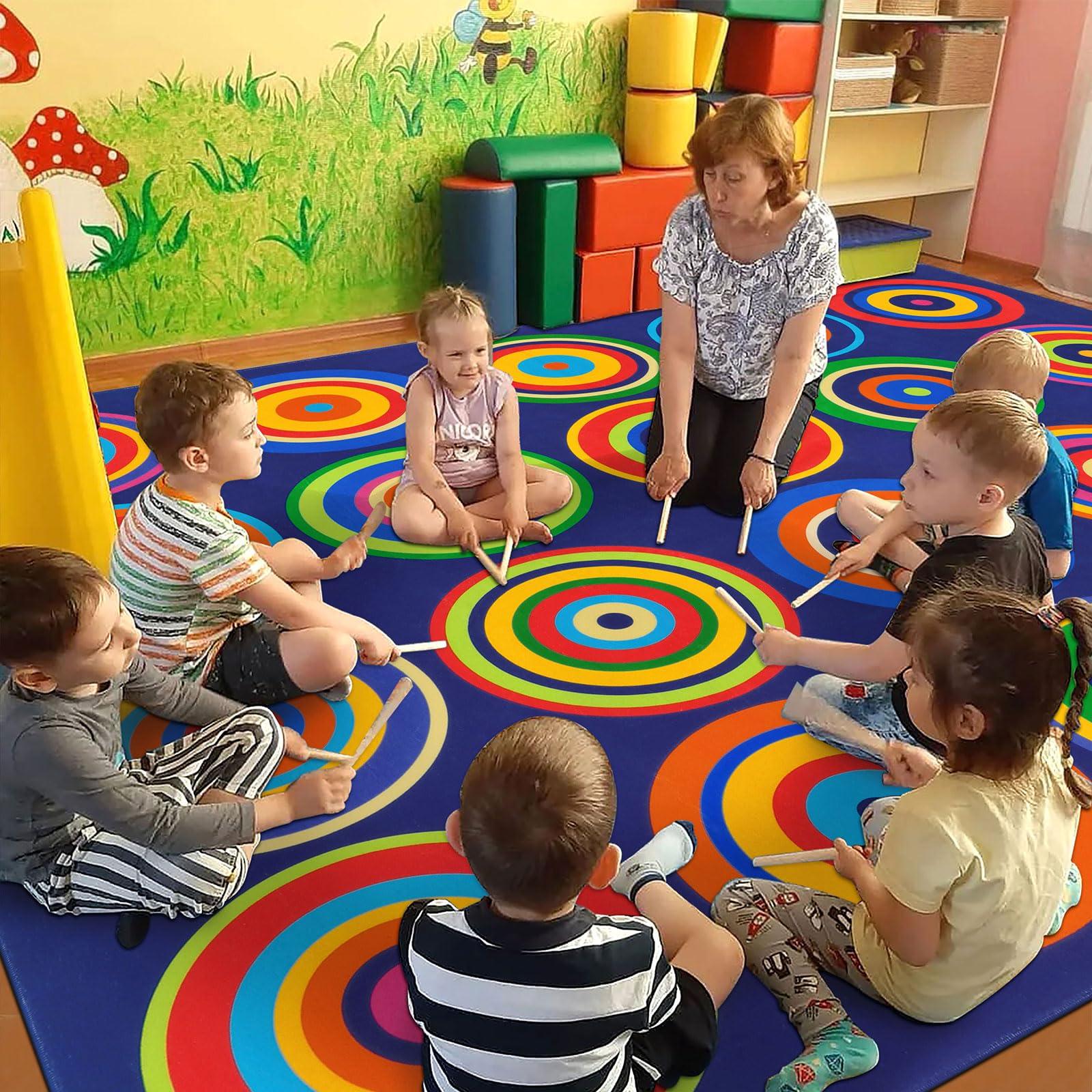 Large Classroom Rug Colorful Sit Spots Kids Rugs for Preschool Non Slip Floor Carpet Fun Playmat for Daycares Playroom Elementary Nursery Decor, Seats 20, 6'X8'4", Blue - Image 3